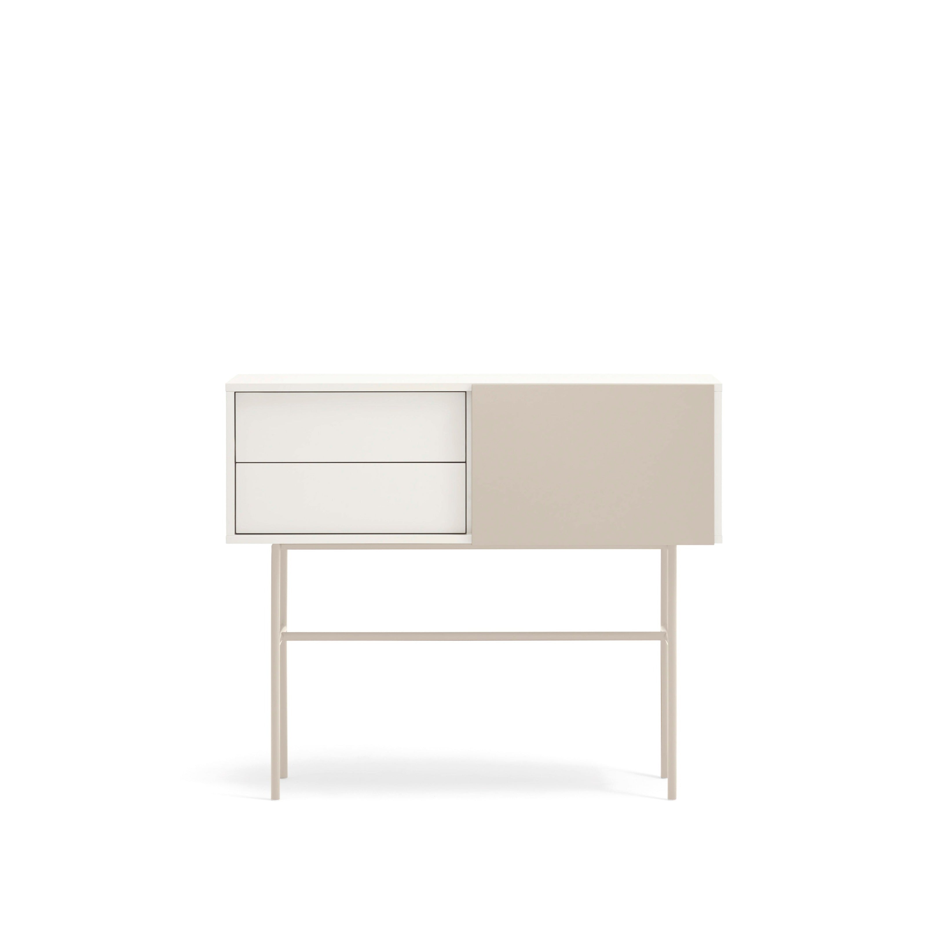 Console 2 tiroirs et porte coulissante laquée crème et sable Nube par Teulat 110x90 cm