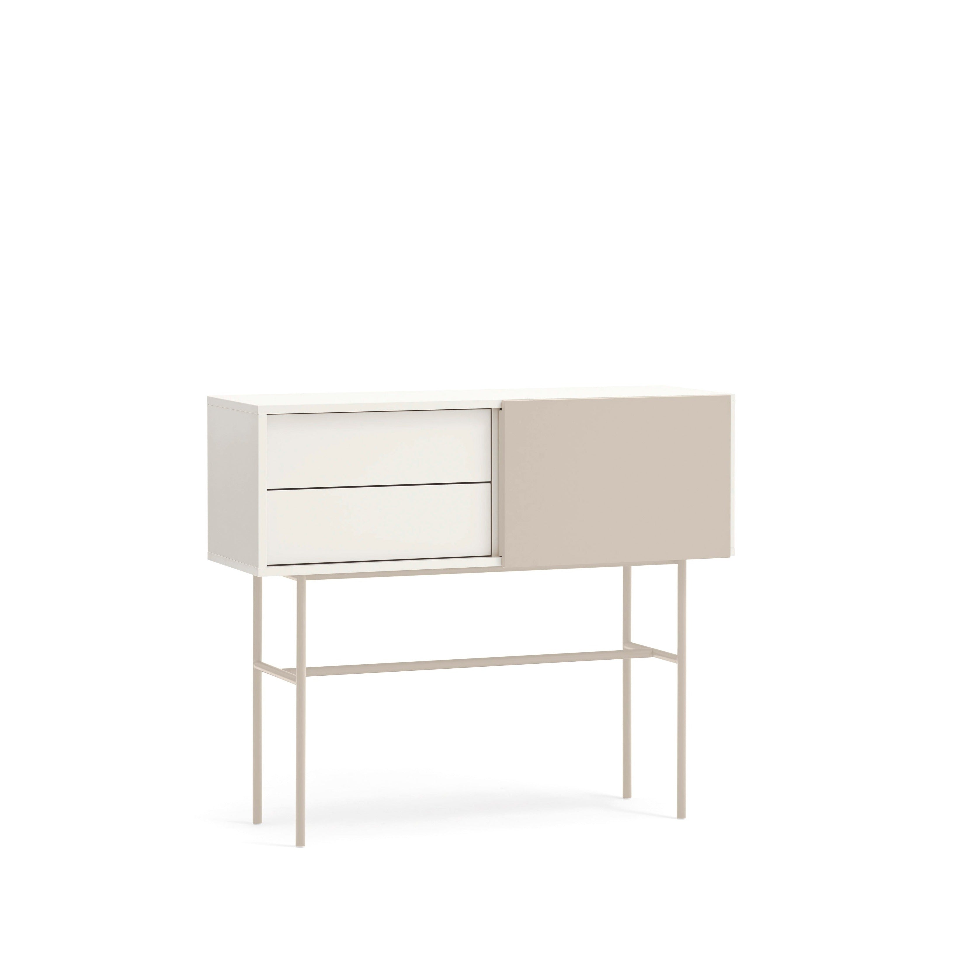 Console 2 tiroirs et porte coulissante laquée crème et sable Nube par Teulat 110x90 cm