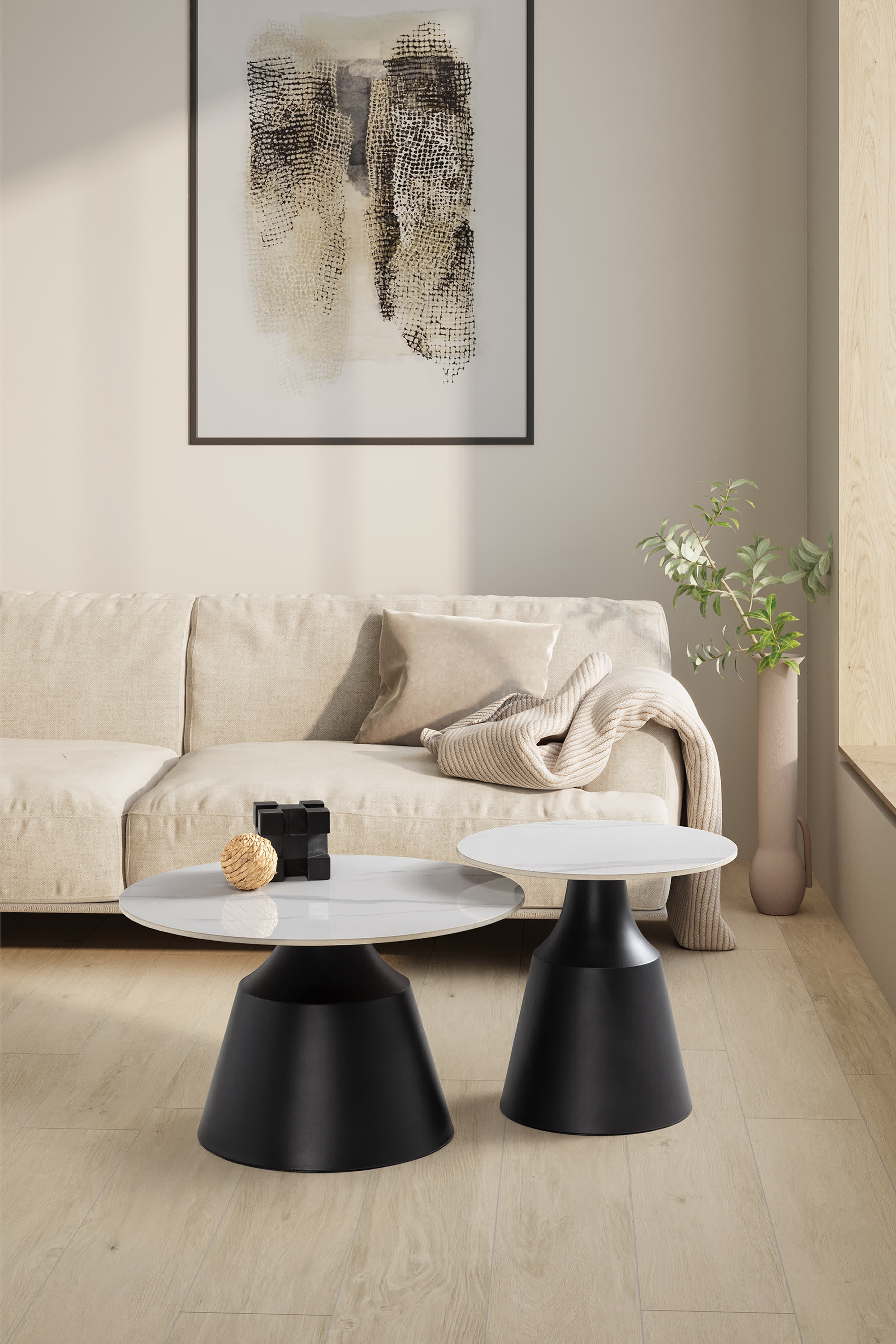 Set di 2 tavolini in pietra bianca Riley 70/50 x 42.5/48.5 cm