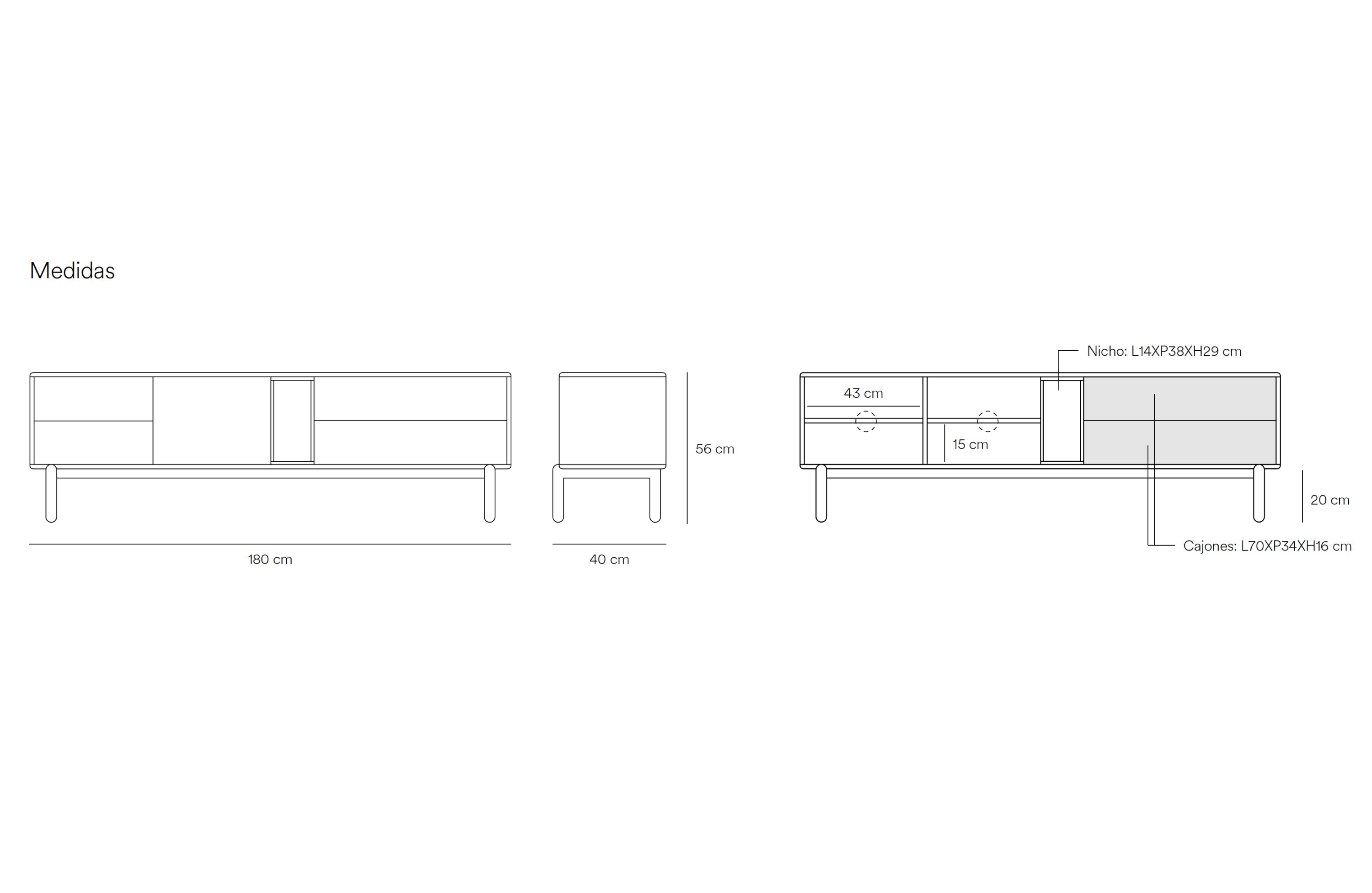 Meuble TV 180x40 cm Corvo de Teulat gris perle