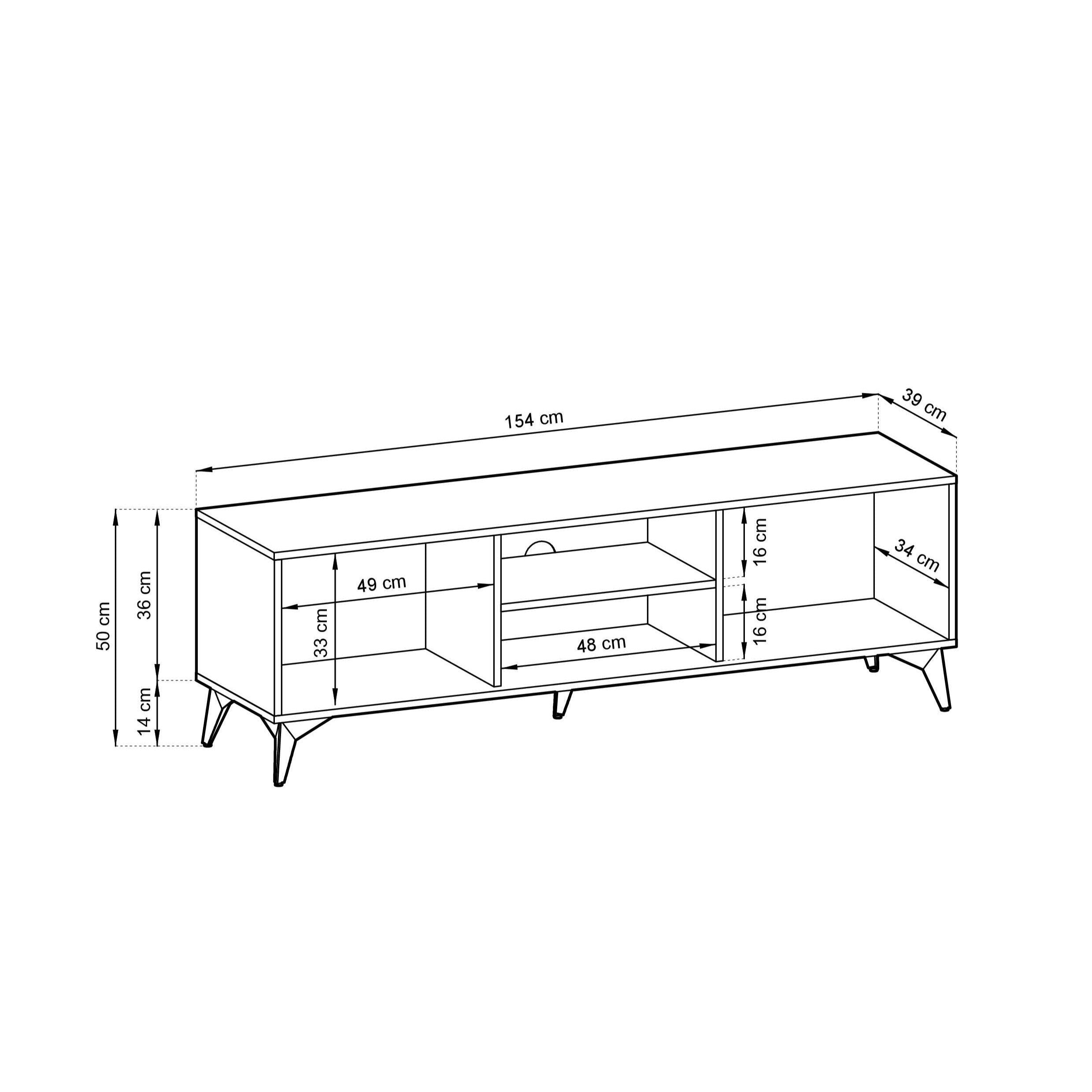 Meuble TV 2 portes 2 étagères en bois laminé avec pieds en métal Evoke 154x50 cm