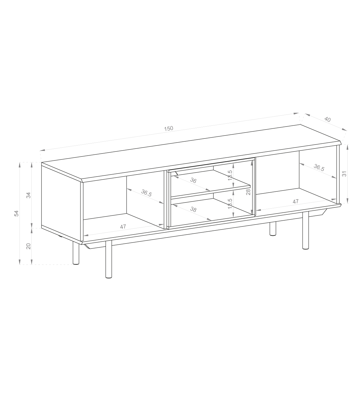 Meuble TV 2 portes et pieds en bois laminé gris Fogliano 150x40 cm