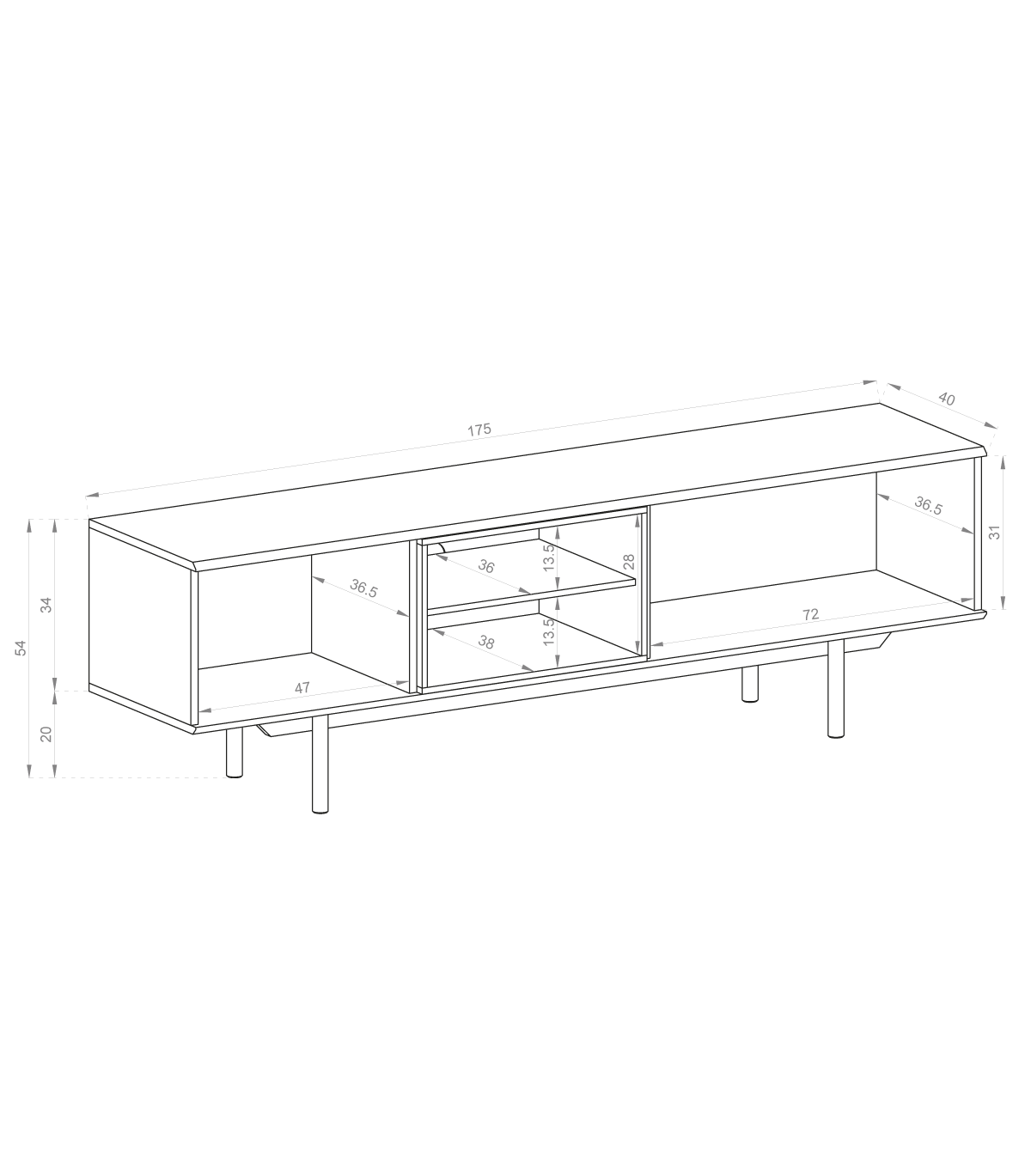 Meuble TV large avec pieds et 2 portes en bois laminé gris Fogliano 175x40 cm 