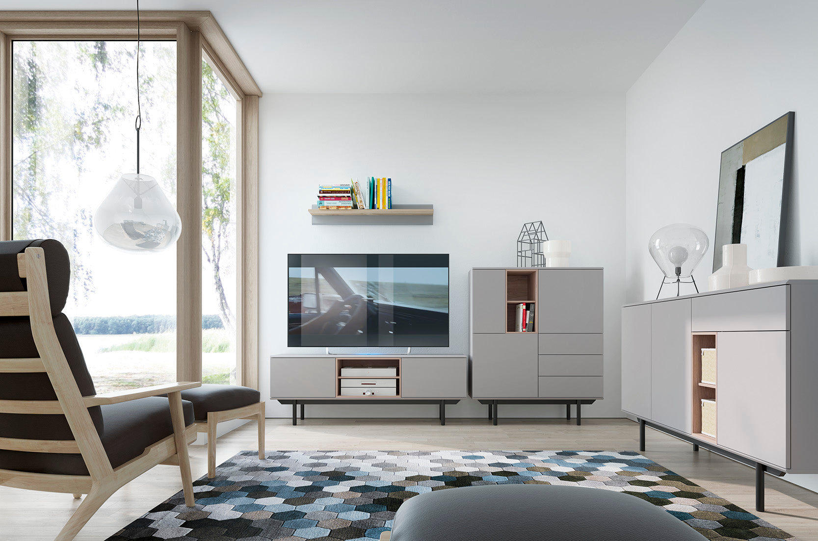 Meuble TV large avec pieds et 2 portes en bois laminé gris Fogliano 175x40 cm 