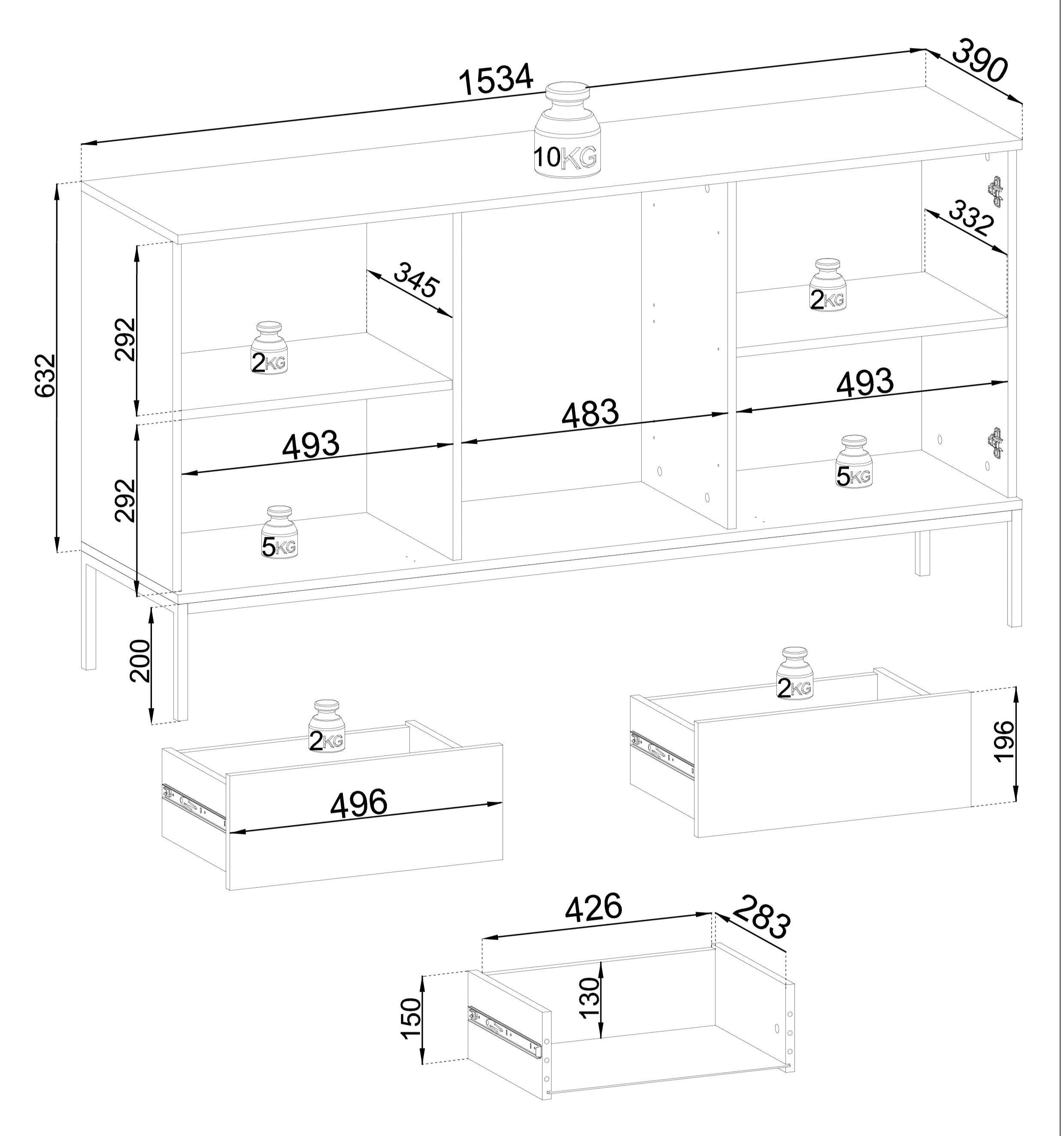 Buffet 2 portes 3 tiroirs avec LED intégrées noir et chêne Aura 154x83 cm