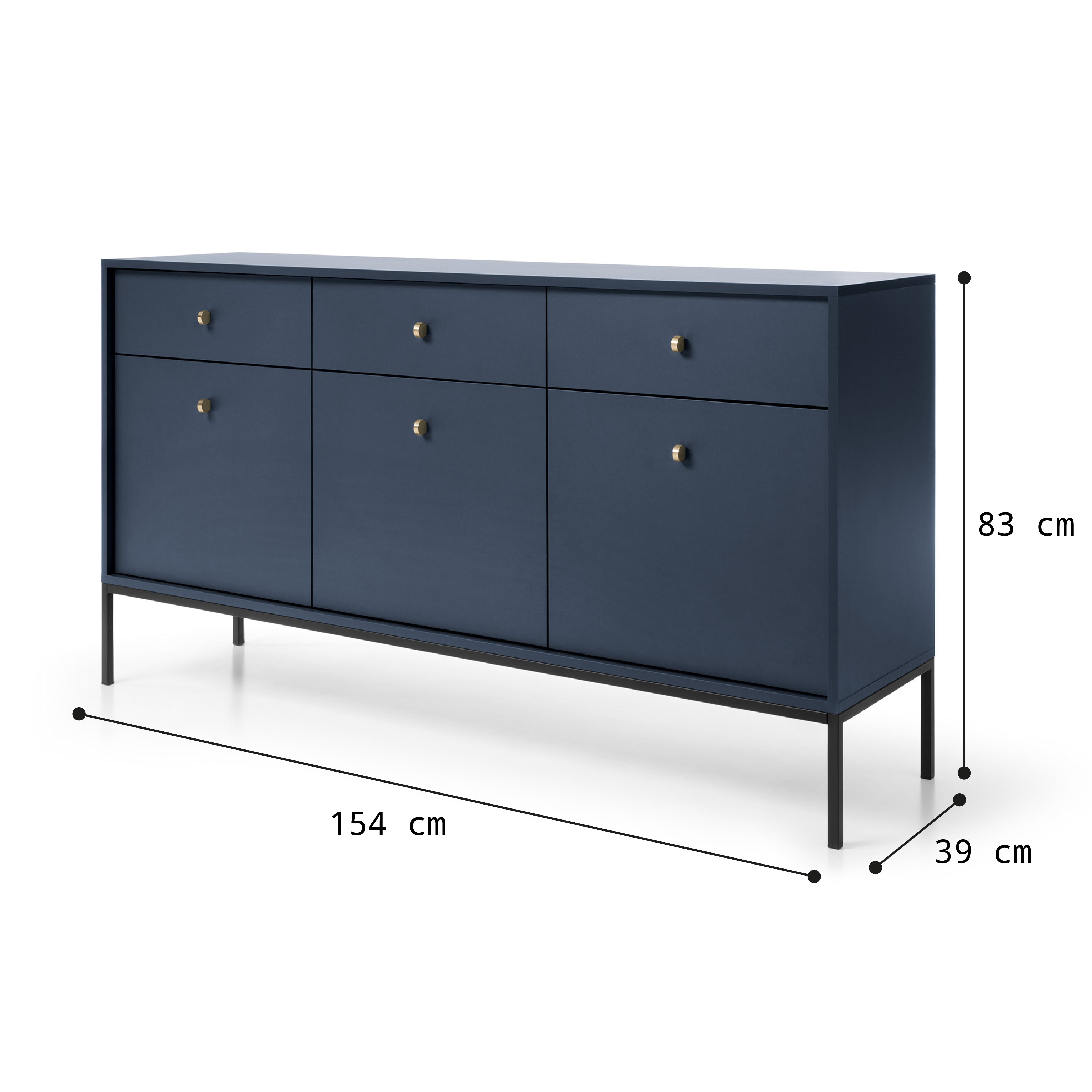 Buffet 3 portes 3 tiroirs et pieds en bois laminé bleu Canterno 154x39 cm  
