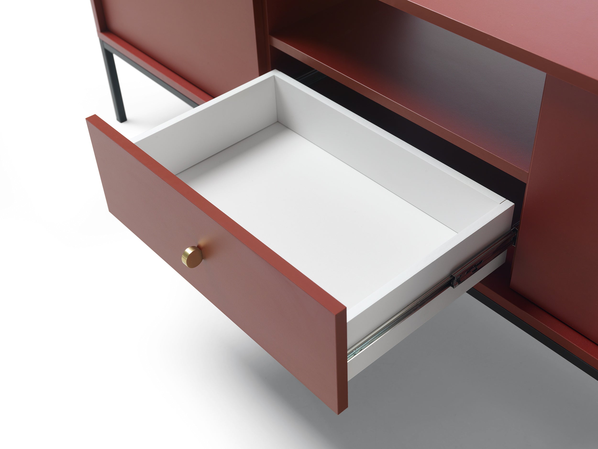 Meuble TV bordeaux 2 portes 1 tiroir et pieds en bois laminé Canterno 154x39 cm 