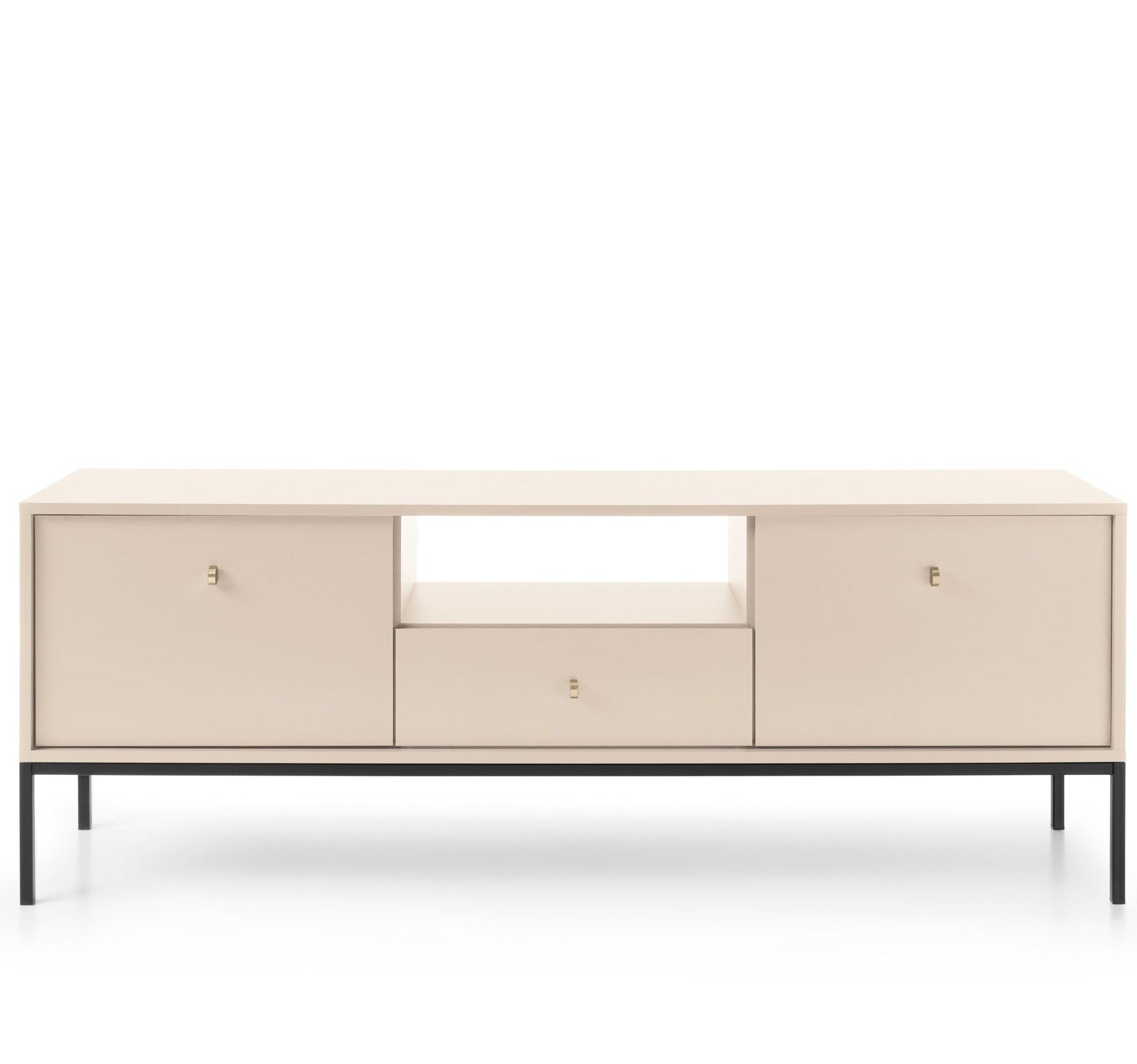 Meuble TV 2 portes 1 tiroir et pieds en bois laminé beige Canterno 154x39 cm 
