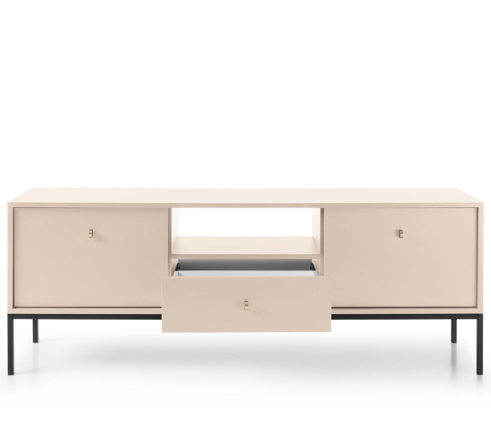 Meuble TV 2 portes 1 tiroir et pieds en bois laminé beige Canterno 154x39 cm 