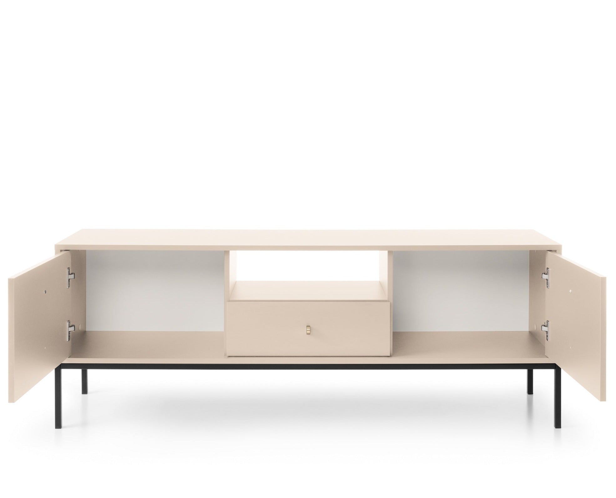 Meuble TV 2 portes 1 tiroir et pieds en bois laminé beige Canterno 154x39 cm 