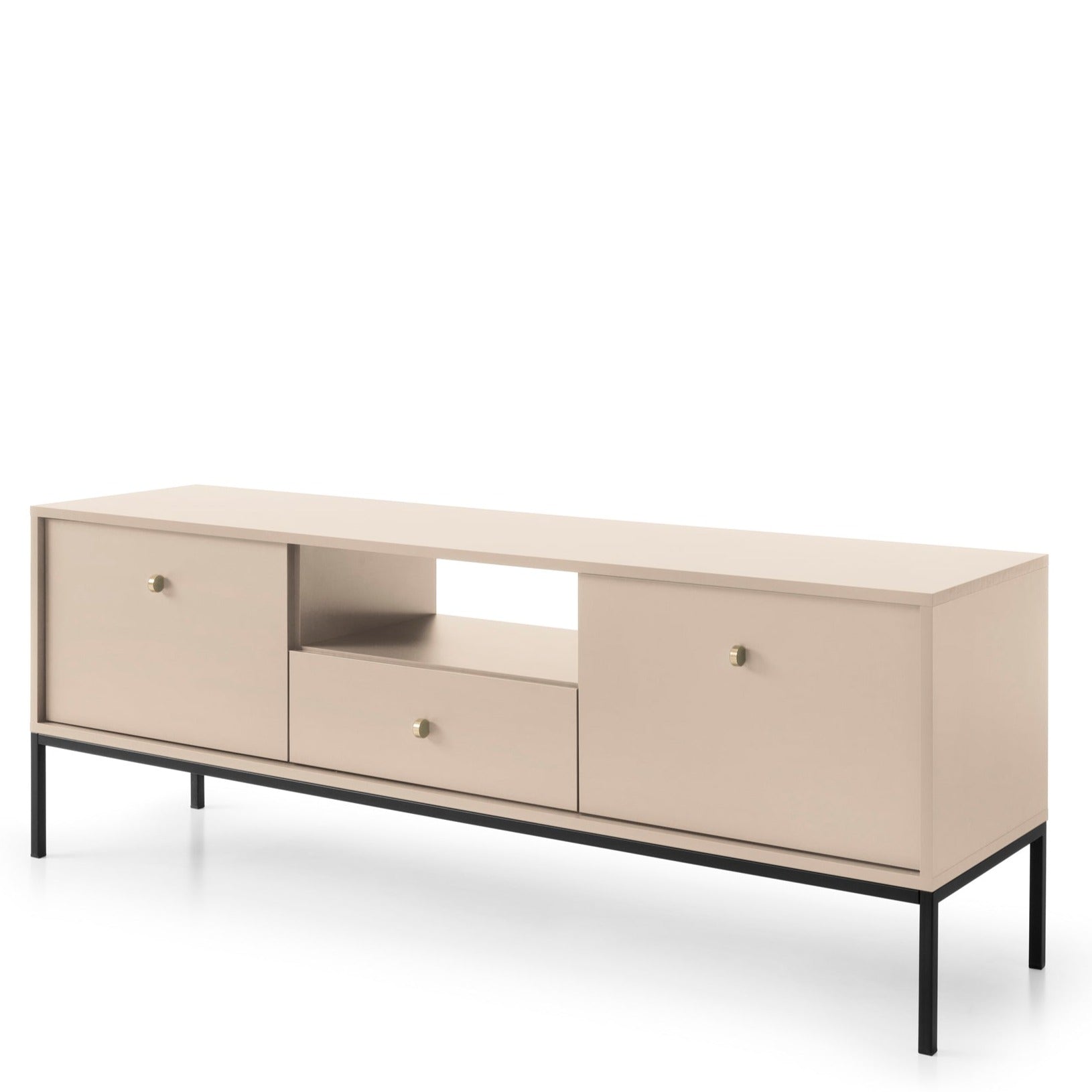 Meuble TV 2 portes 1 tiroir et pieds en bois laminé beige Canterno 154x39 cm 