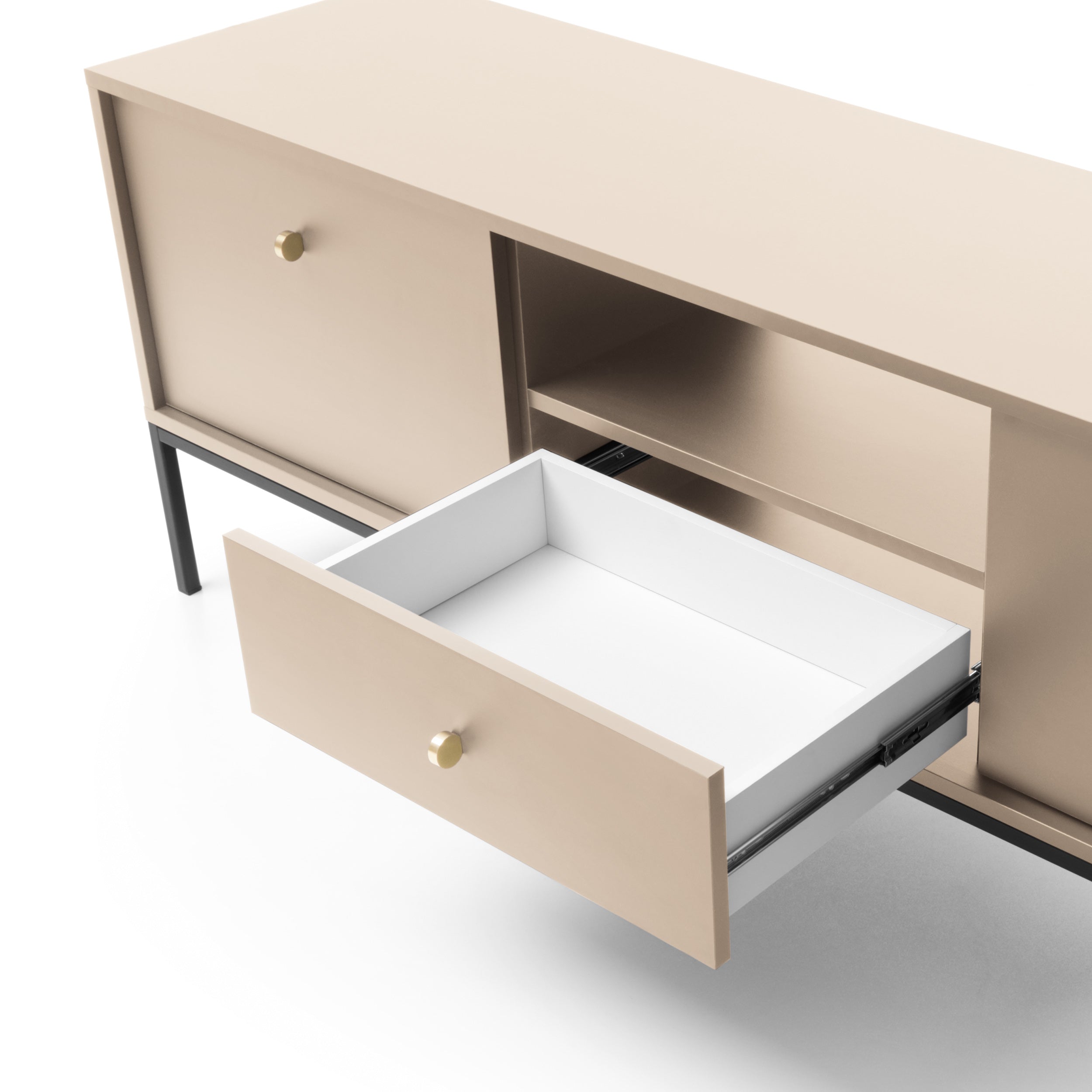 Meuble TV 2 portes 1 tiroir et pieds en bois laminé beige Canterno 154x39 cm 