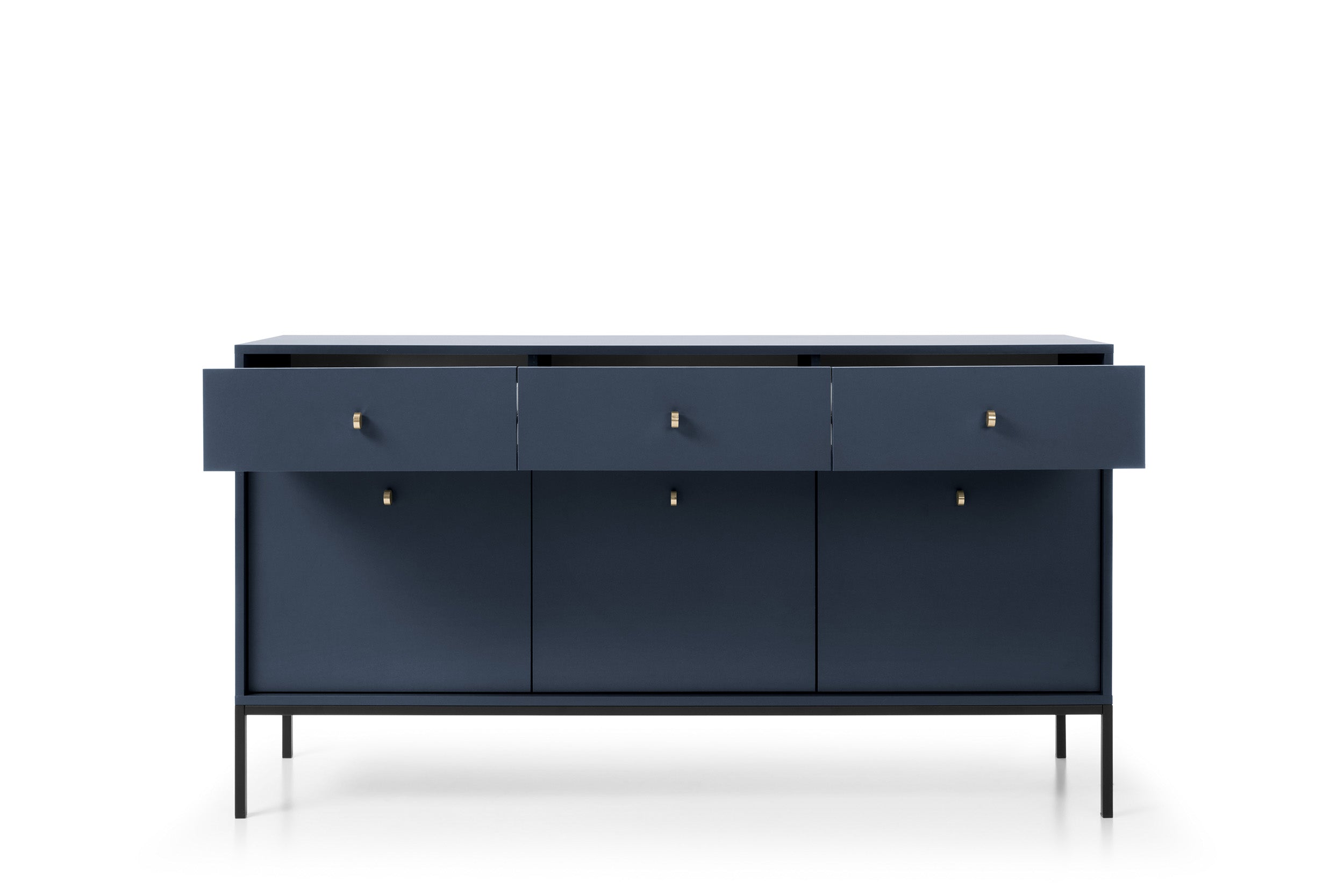 Buffet 3 portes 3 tiroirs et pieds en bois laminé bleu Canterno 154x39 cm  