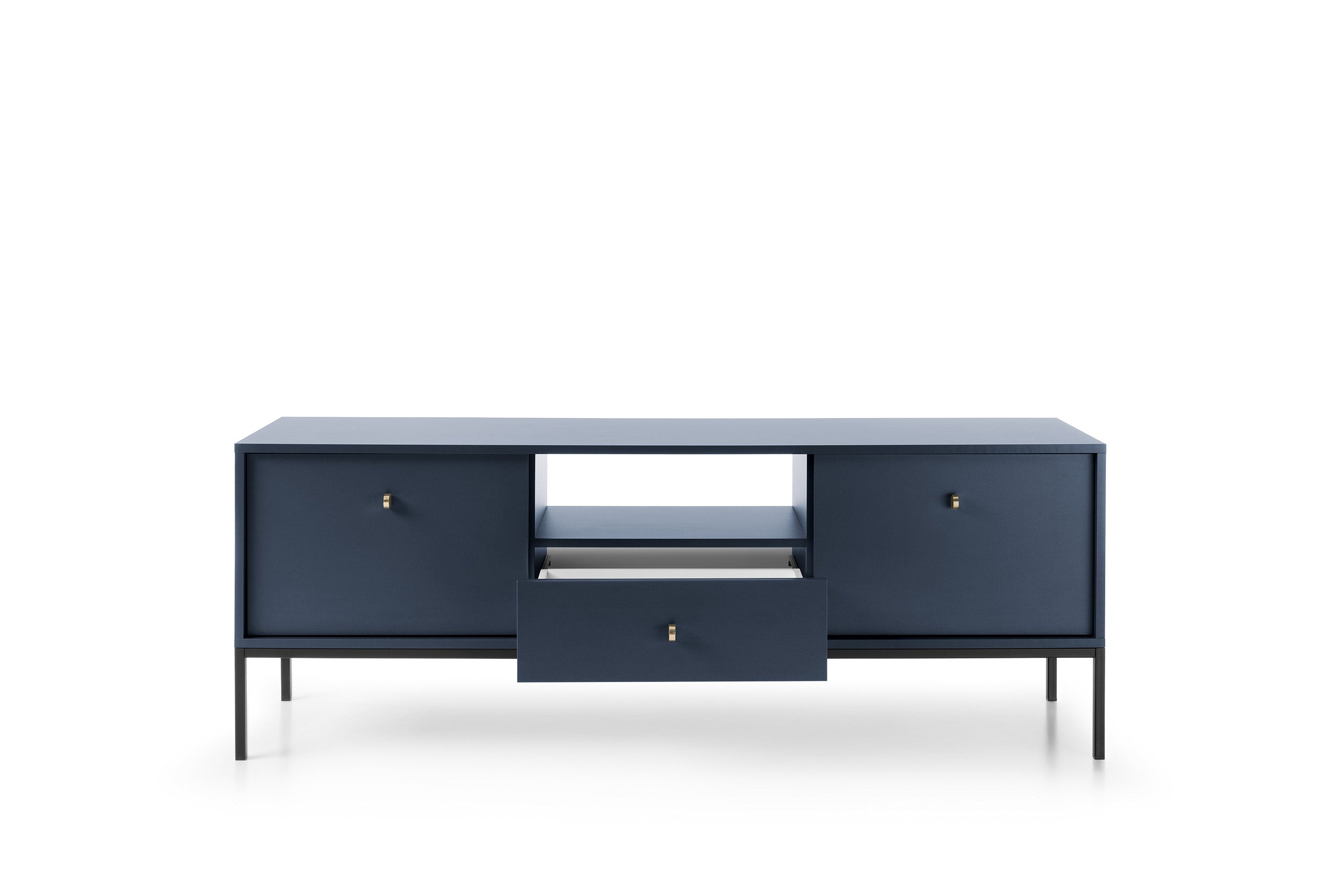 Meuble TV 2 portes 1 tiroir et pieds en bois laminé bleu Canterno 154x39 cm 