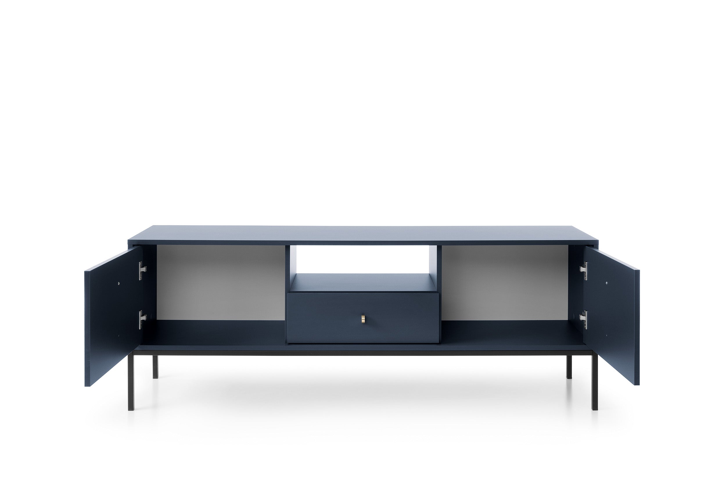 Meuble TV 2 portes 1 tiroir et pieds en bois laminé bleu Canterno 154x39 cm 