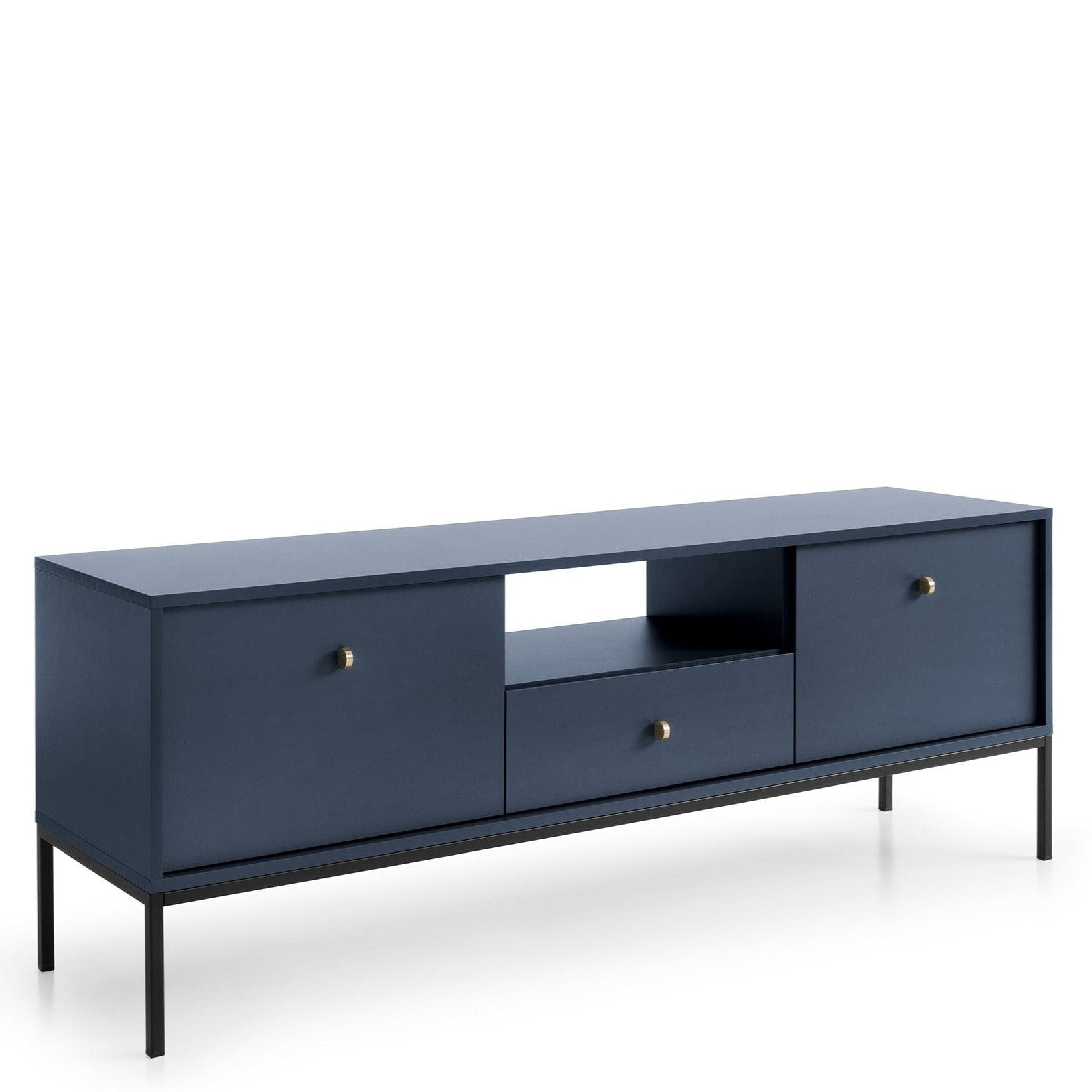 Meuble TV 2 portes 1 tiroir et pieds en bois laminé bleu Canterno 154x39 cm 