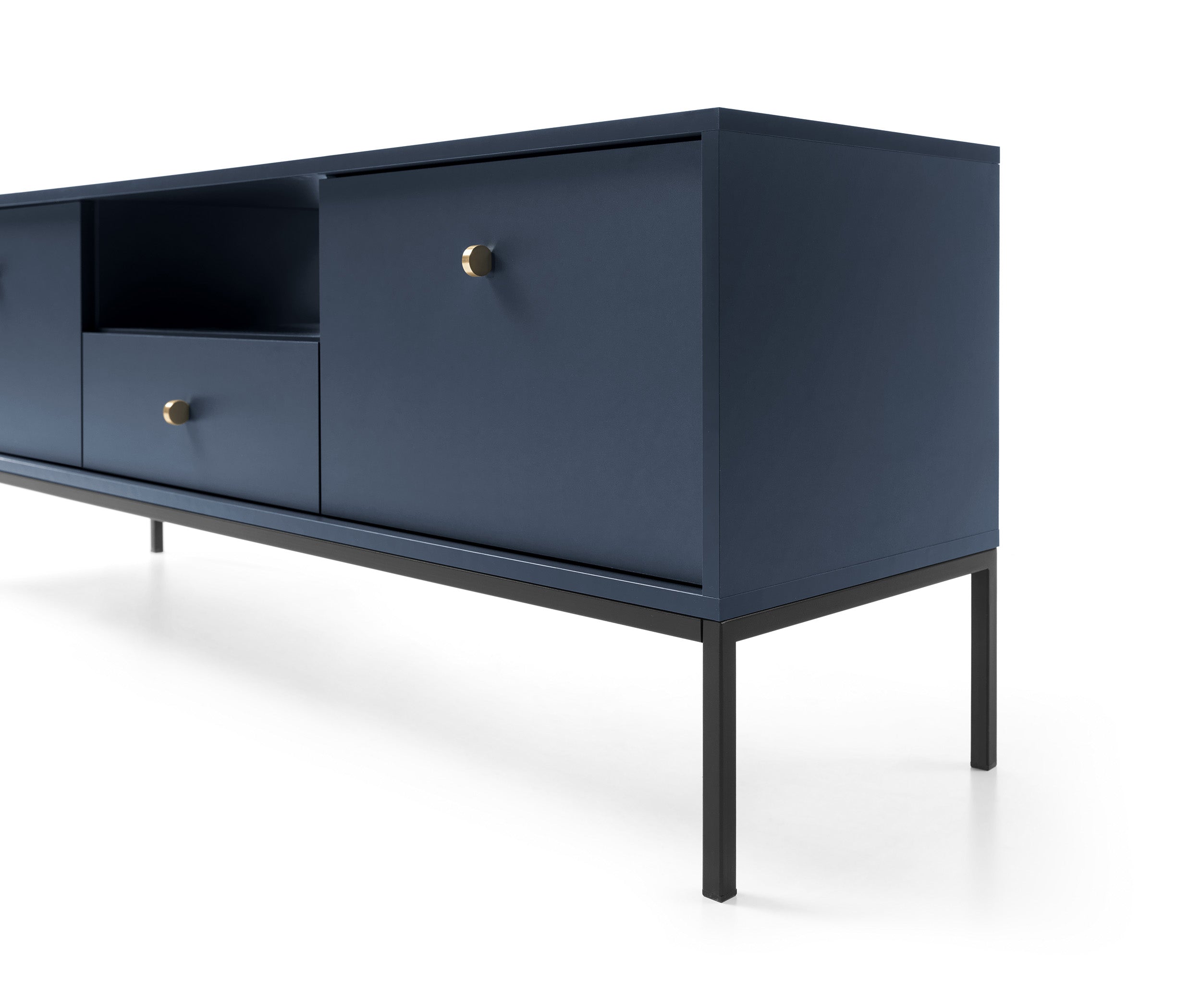 Meuble TV 2 portes 1 tiroir et pieds en bois laminé bleu Canterno 154x39 cm 