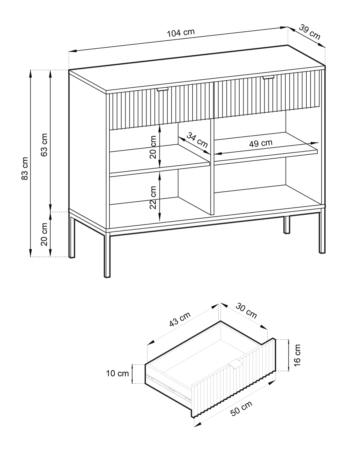 Buffet blanche 2 portes 2 tiroirs en bois laminé avec pieds en métal Miseno 104x83 cm
