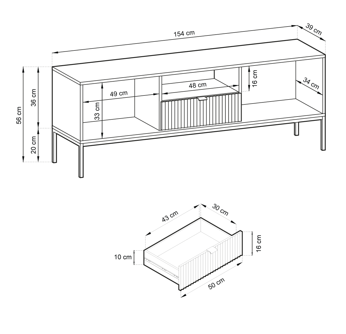 Meuble TV blanc 2 portes 1 tiroir en bois laminé avec pieds en métal Miseno 154x56 cm 