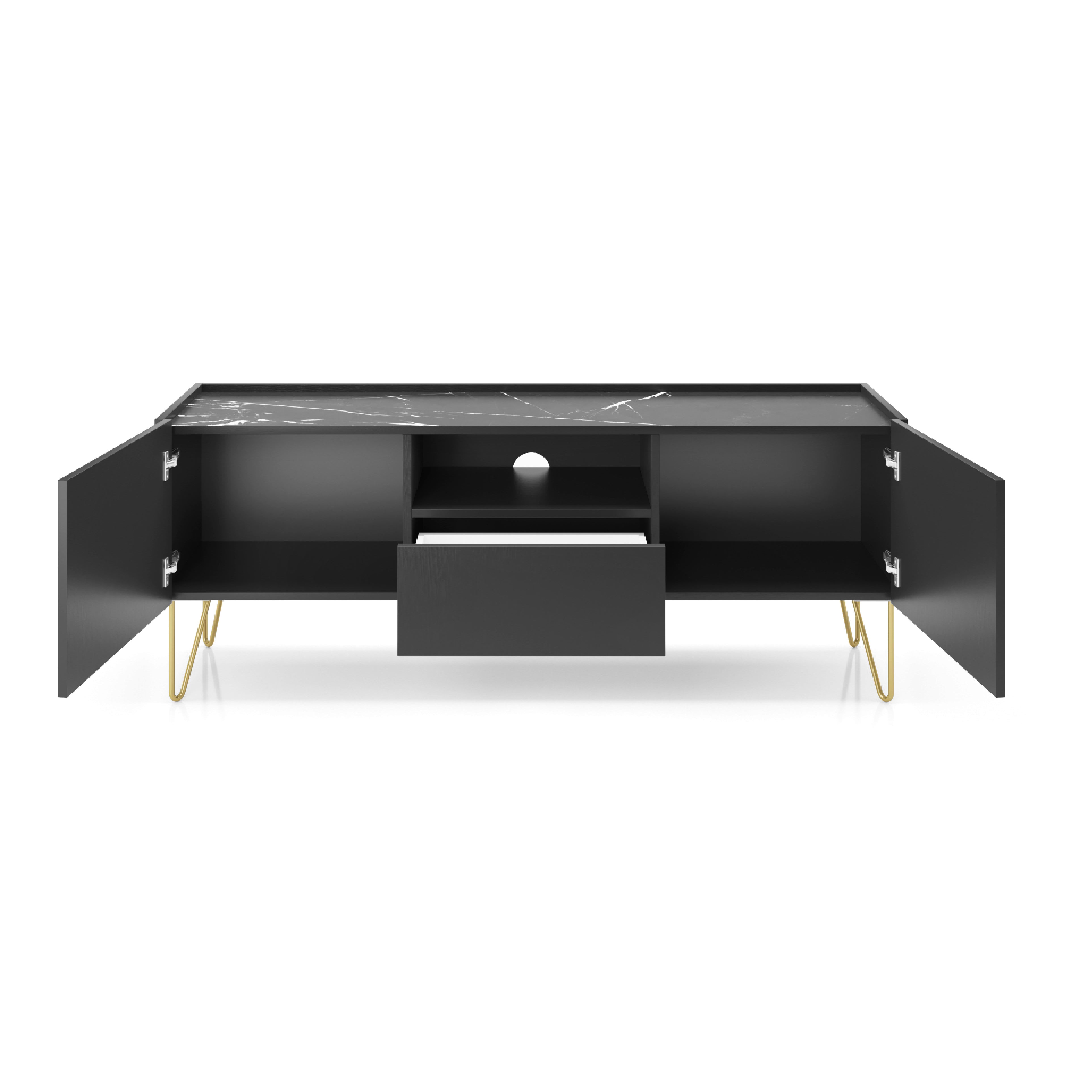 Meuble TV 2 portes 1 tiroir avec plateau effet marbre Margo 144x55 cm