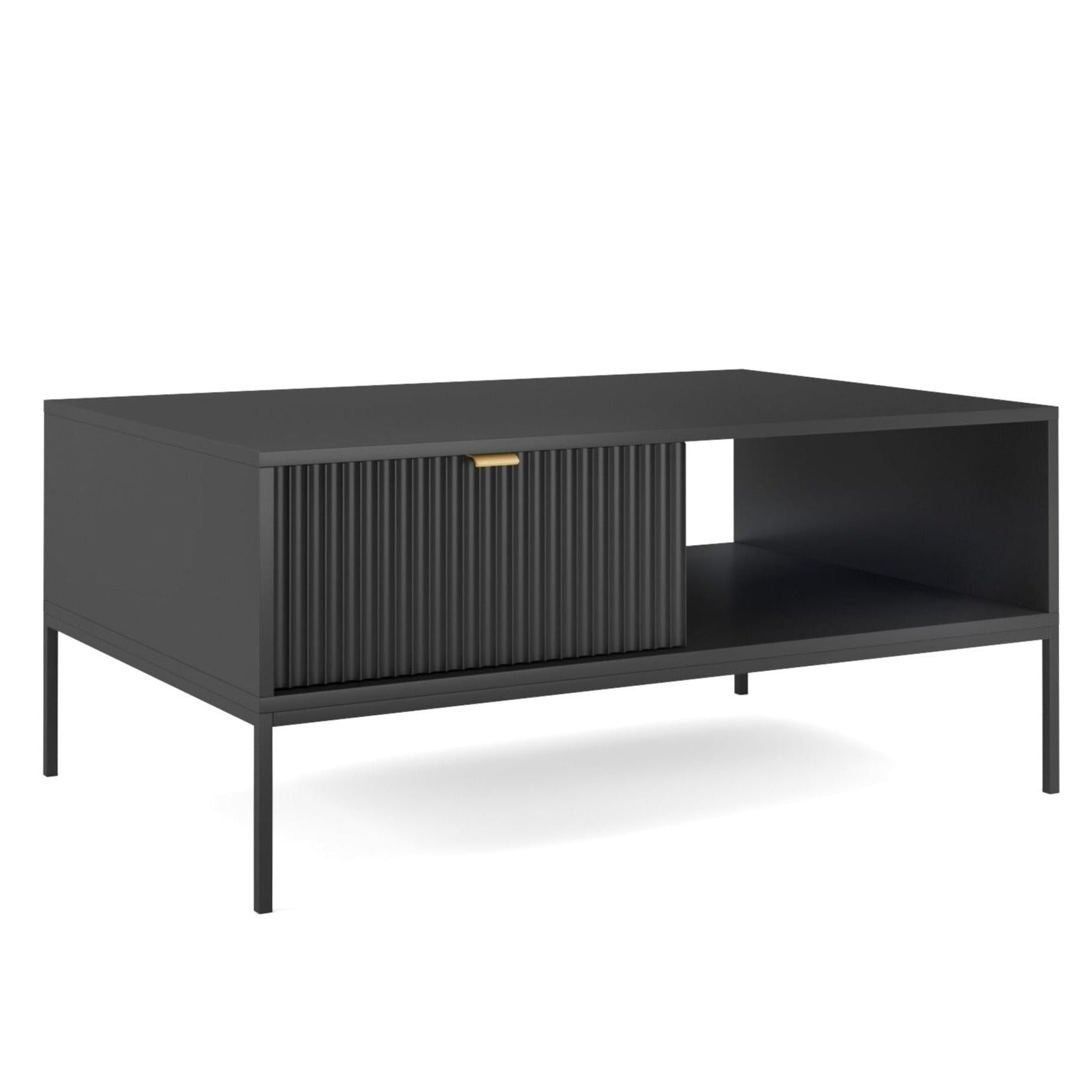 Table basse 1 tiroir 1 compartiment et pieds en métal en bois laminé noir Miseno 104x68 cm 