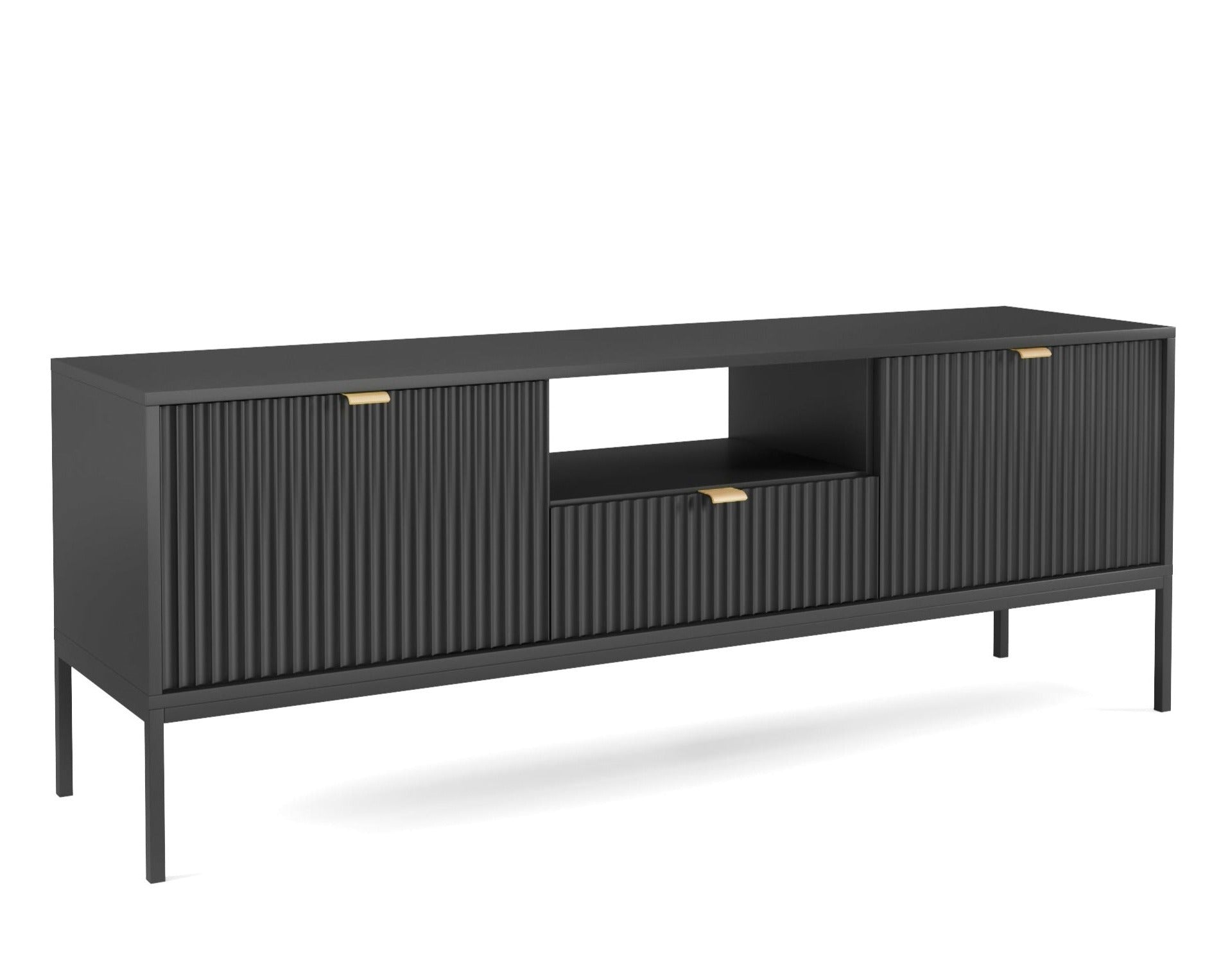 Meuble TV 2 portes 1 tiroir en bois laminé avec pieds en métal noir Miseno 154x56 cm 