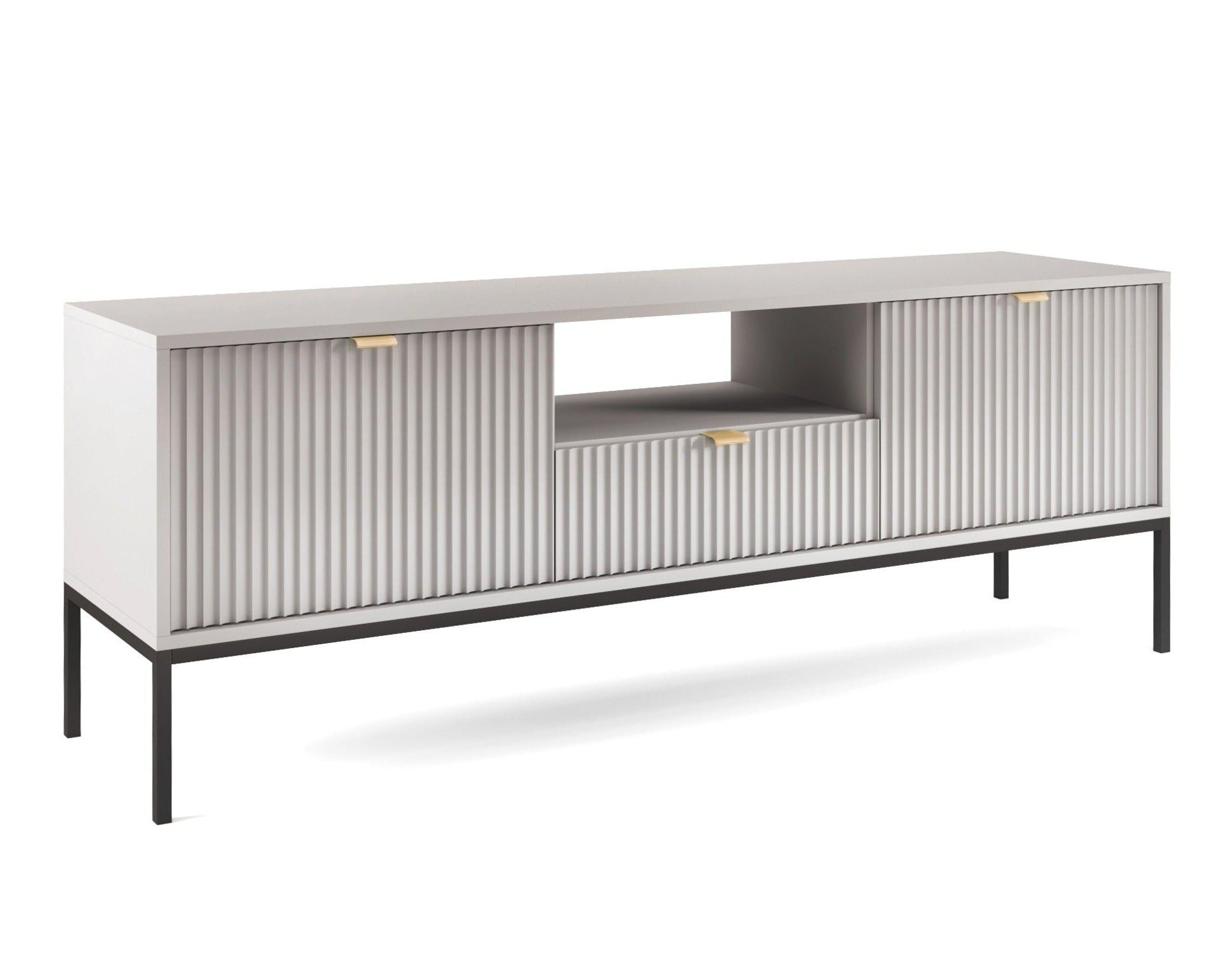 Meuble TV gris 2 portes 1 tiroir avec pieds en métal en bois laminé Miseno 154x56 cm 