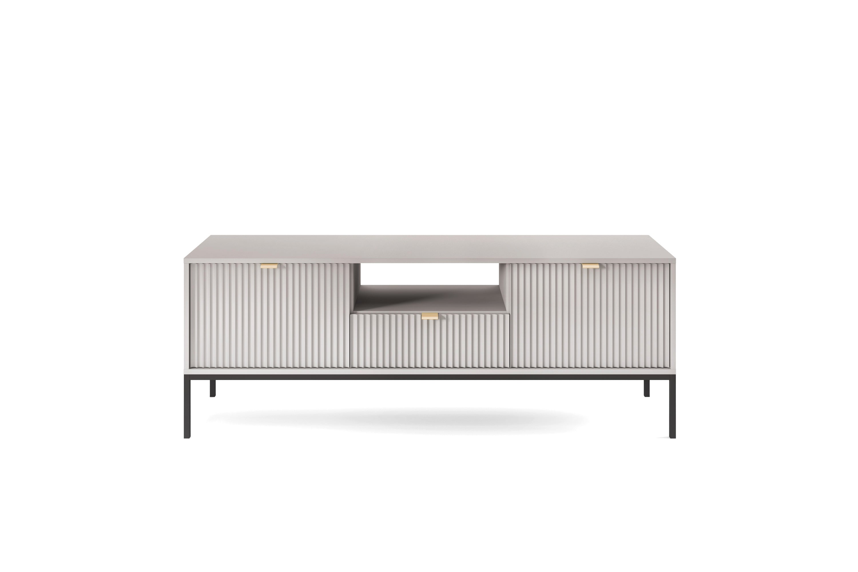 Meuble TV gris 2 portes 1 tiroir avec pieds en métal en bois laminé Miseno 154x56 cm 