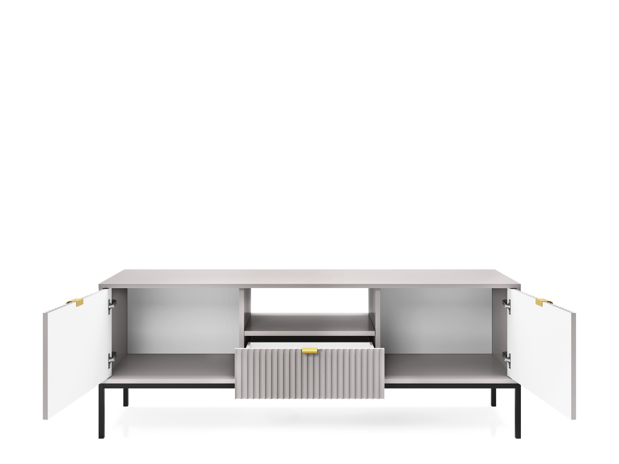 Meuble TV gris 2 portes 1 tiroir avec pieds en métal en bois laminé Miseno 154x56 cm 