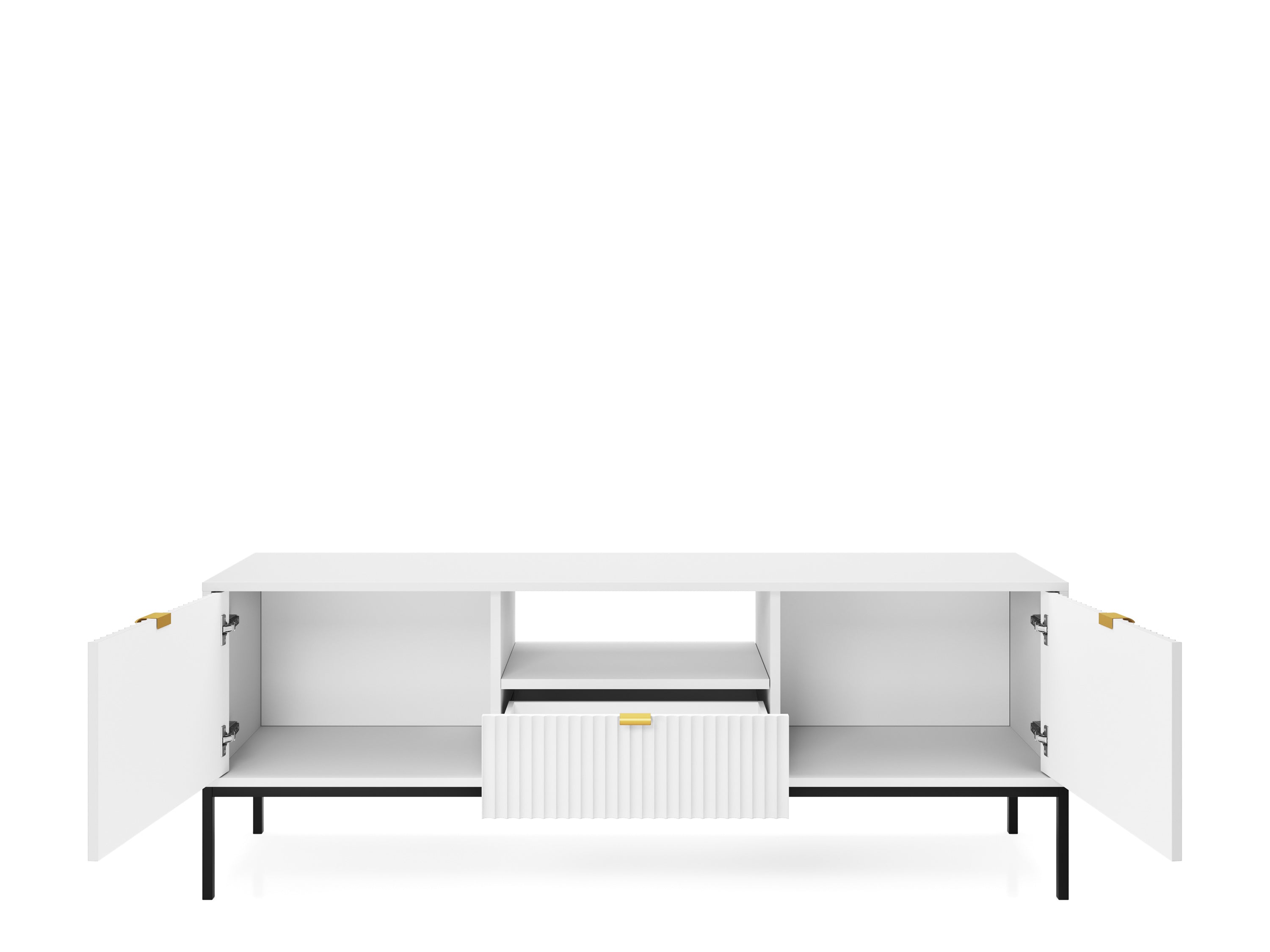 Meuble TV blanc 2 portes 1 tiroir en bois laminé avec pieds en métal Miseno 154x56 cm 