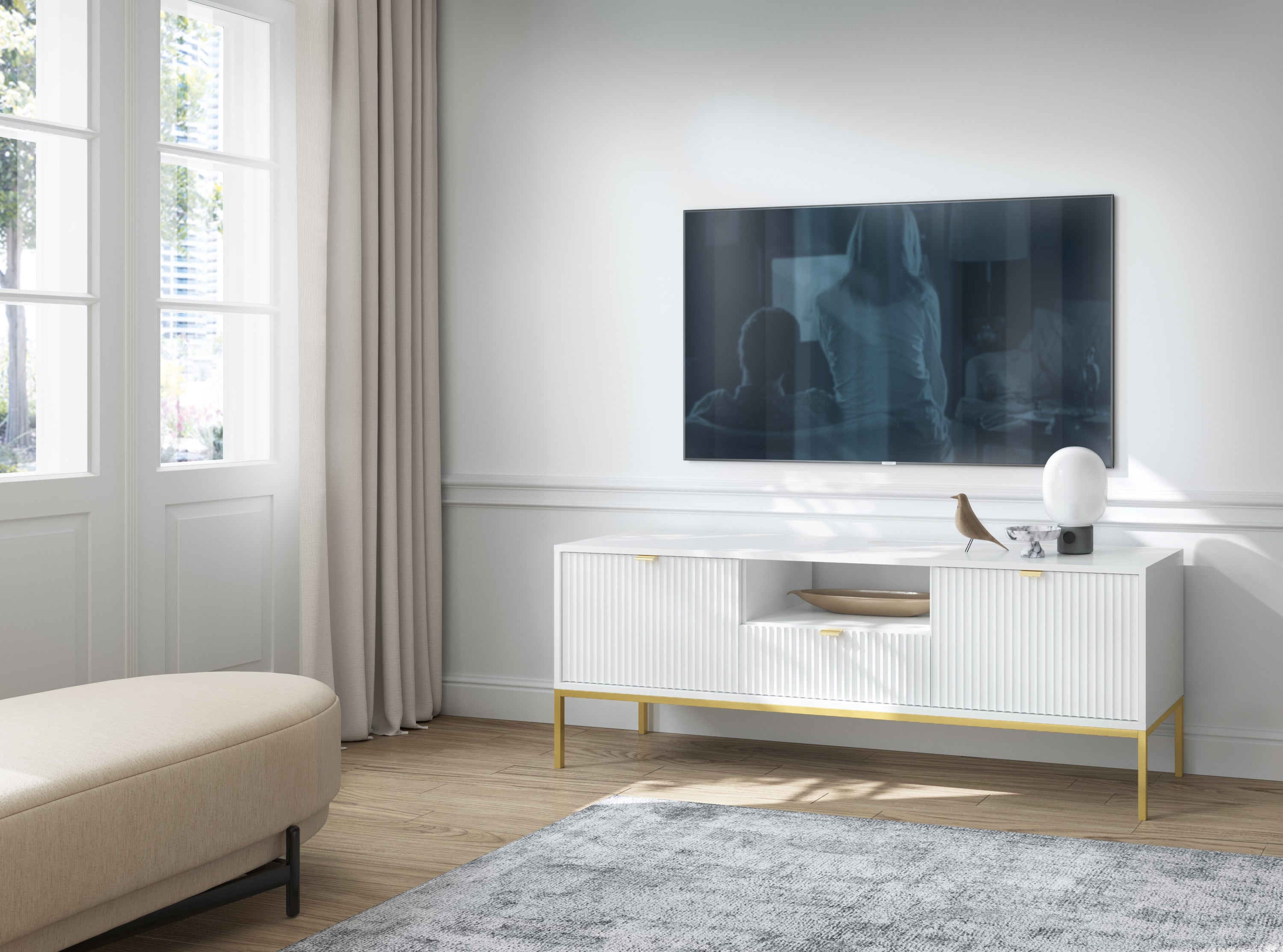 Meuble TV avec pieds en métal 2 portes et 1 tiroir en bois laminé Miseno 154x56 cm