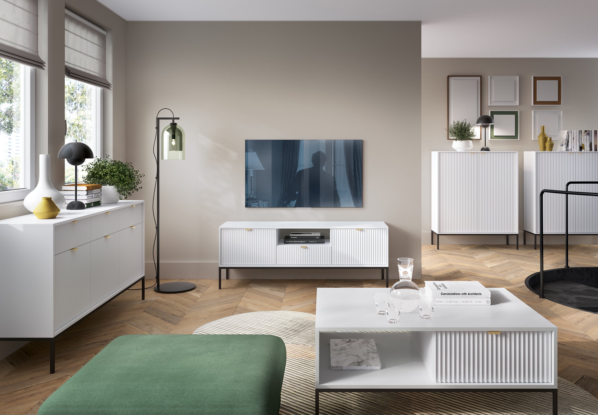 Meuble TV blanc 2 portes 1 tiroir en bois laminé avec pieds en métal Miseno 154x56 cm 