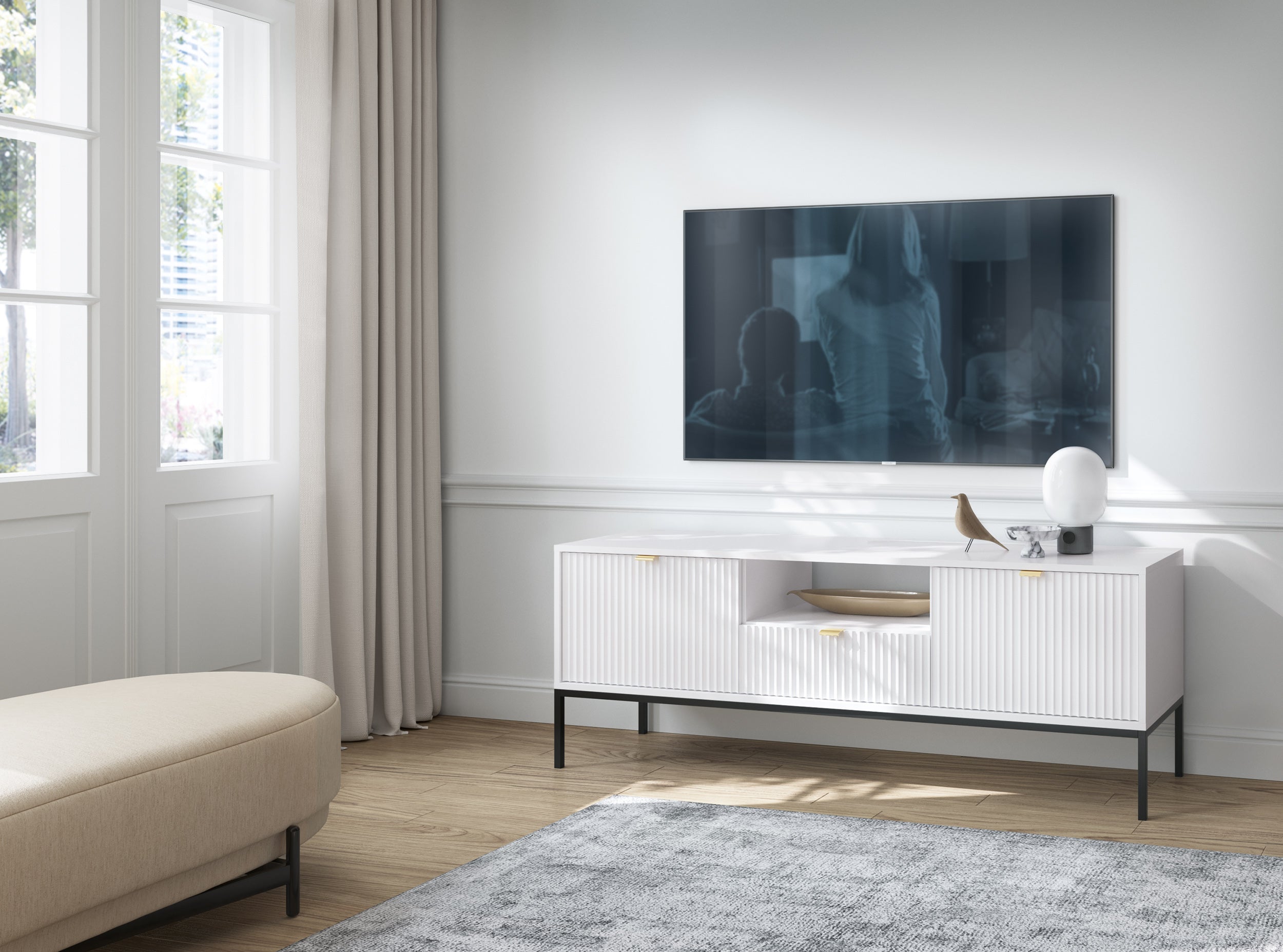 Meuble TV blanc 2 portes 1 tiroir en bois laminé avec pieds en métal Miseno 154x56 cm 