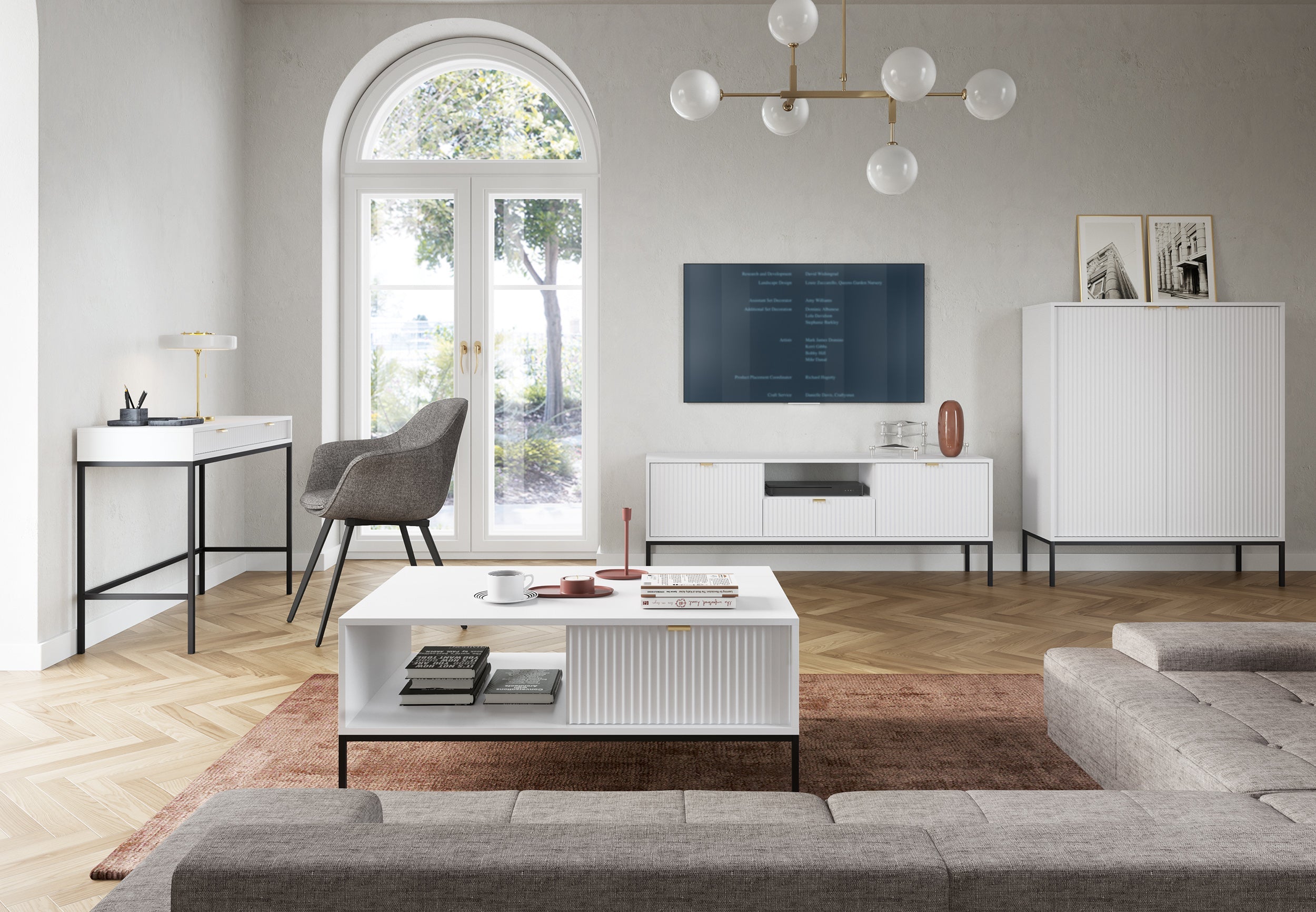 Meuble TV blanc 2 portes 1 tiroir en bois laminé avec pieds en métal Miseno 154x56 cm 