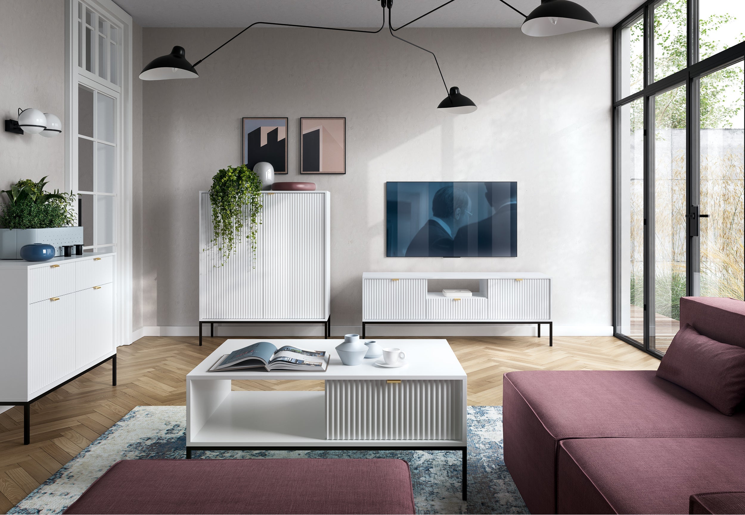 Meuble TV blanc 2 portes 1 tiroir en bois laminé avec pieds en métal Miseno 154x56 cm 