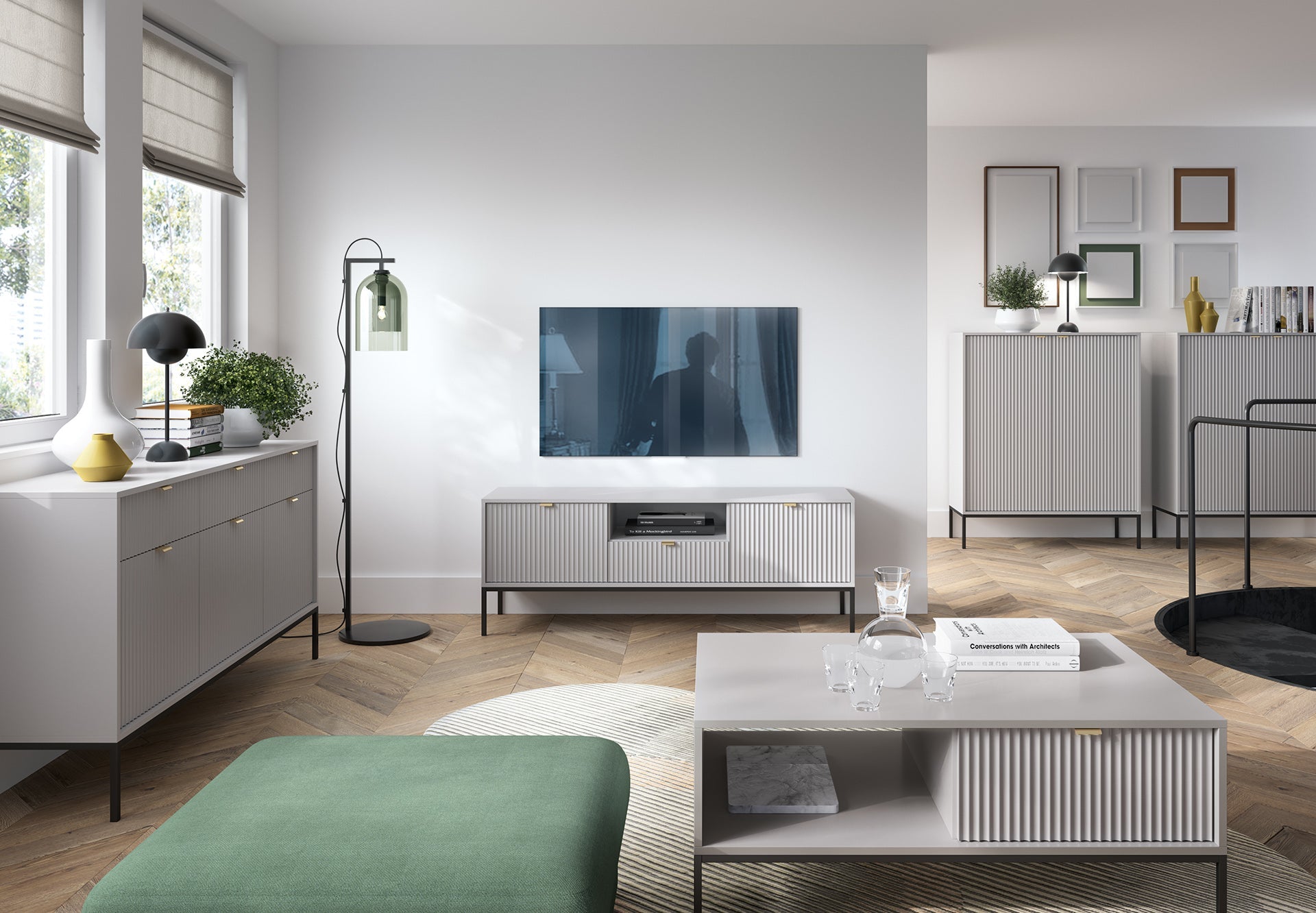 Meuble TV gris 2 portes 1 tiroir avec pieds en métal en bois laminé Miseno 154x56 cm 