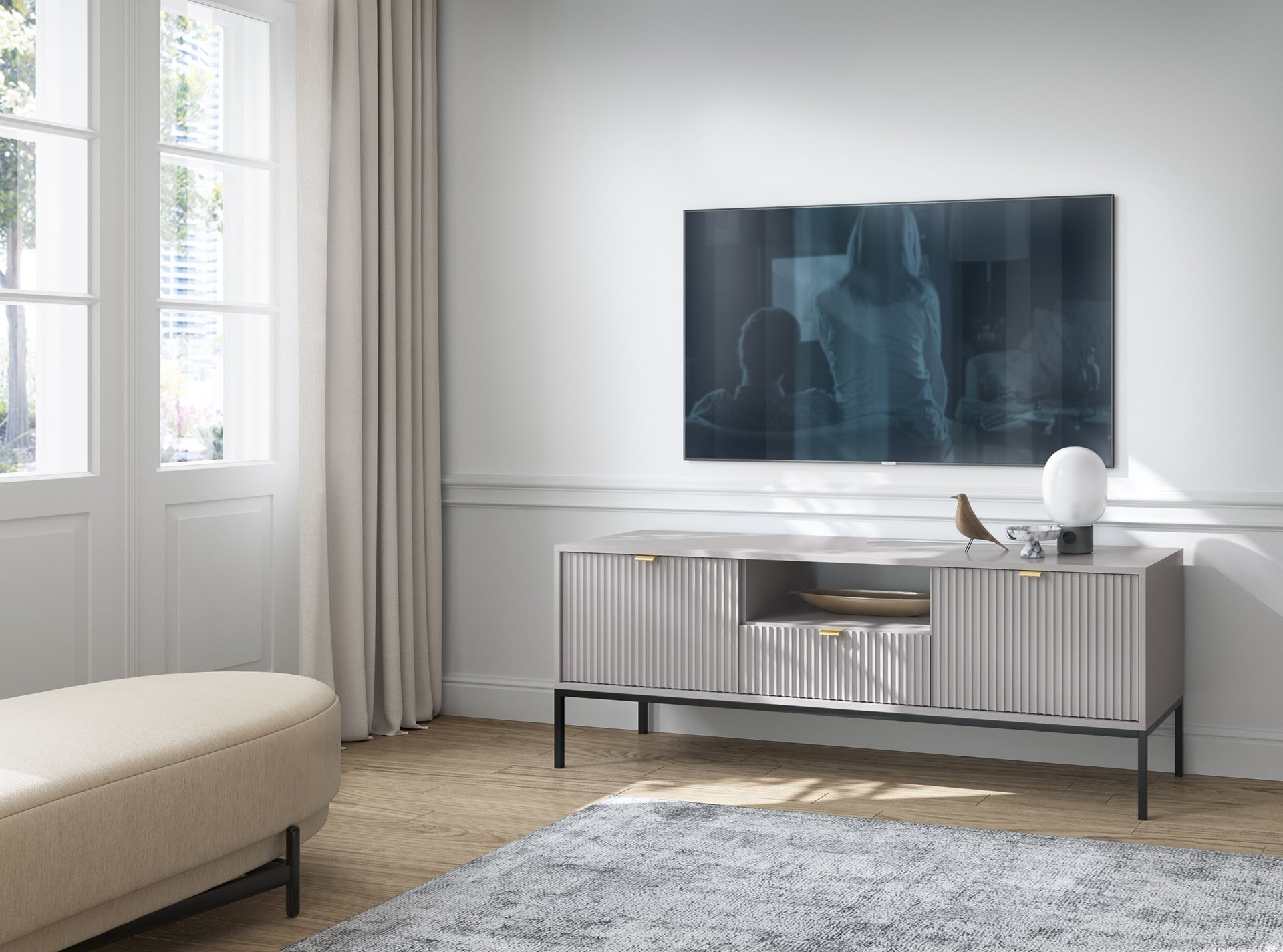 Meuble TV gris 2 portes 1 tiroir avec pieds en métal en bois laminé Miseno 154x56 cm 