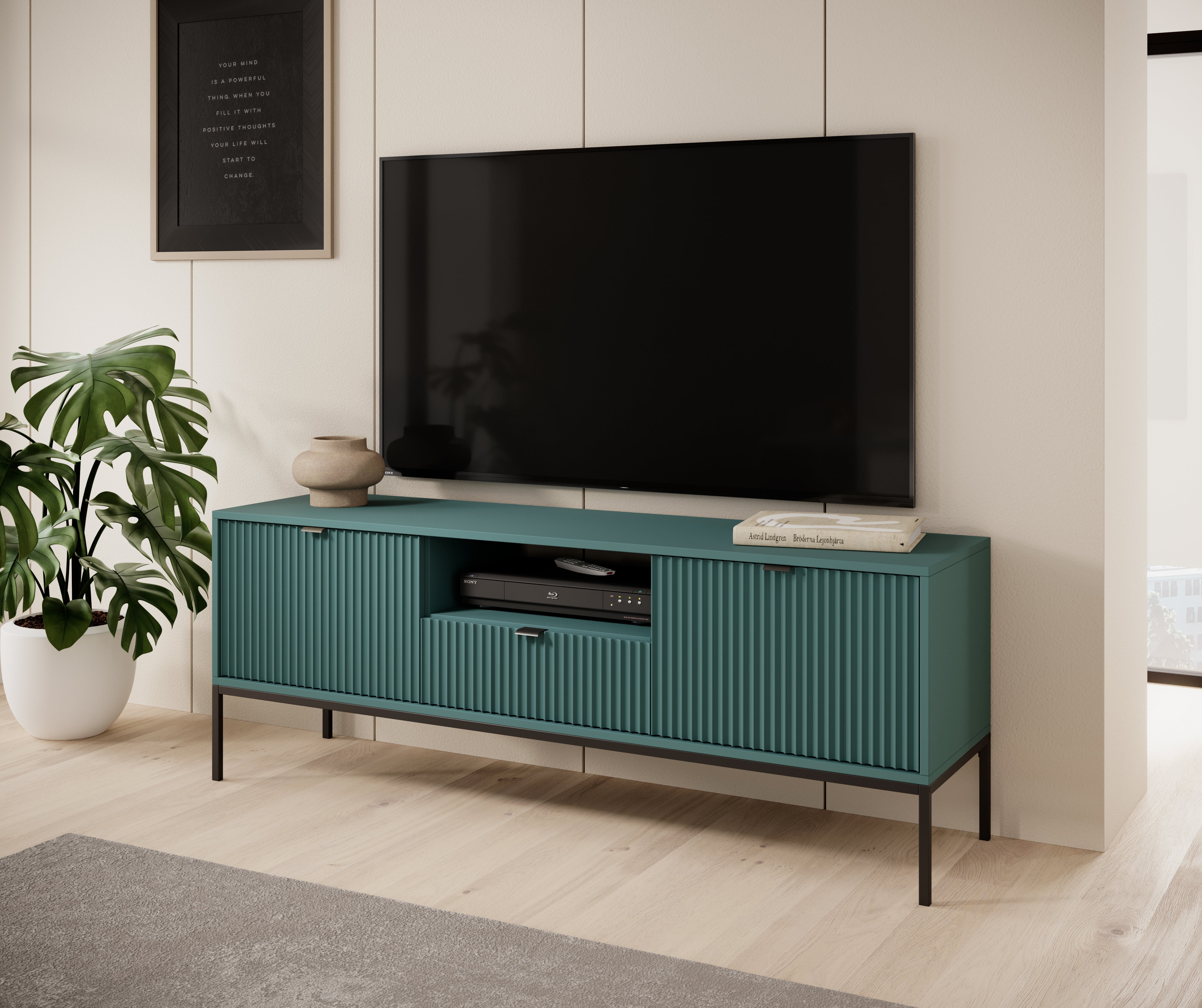 Meuble TV avec pieds en métal 2 portes et 1 tiroir en bois laminé Miseno 154x56 cm