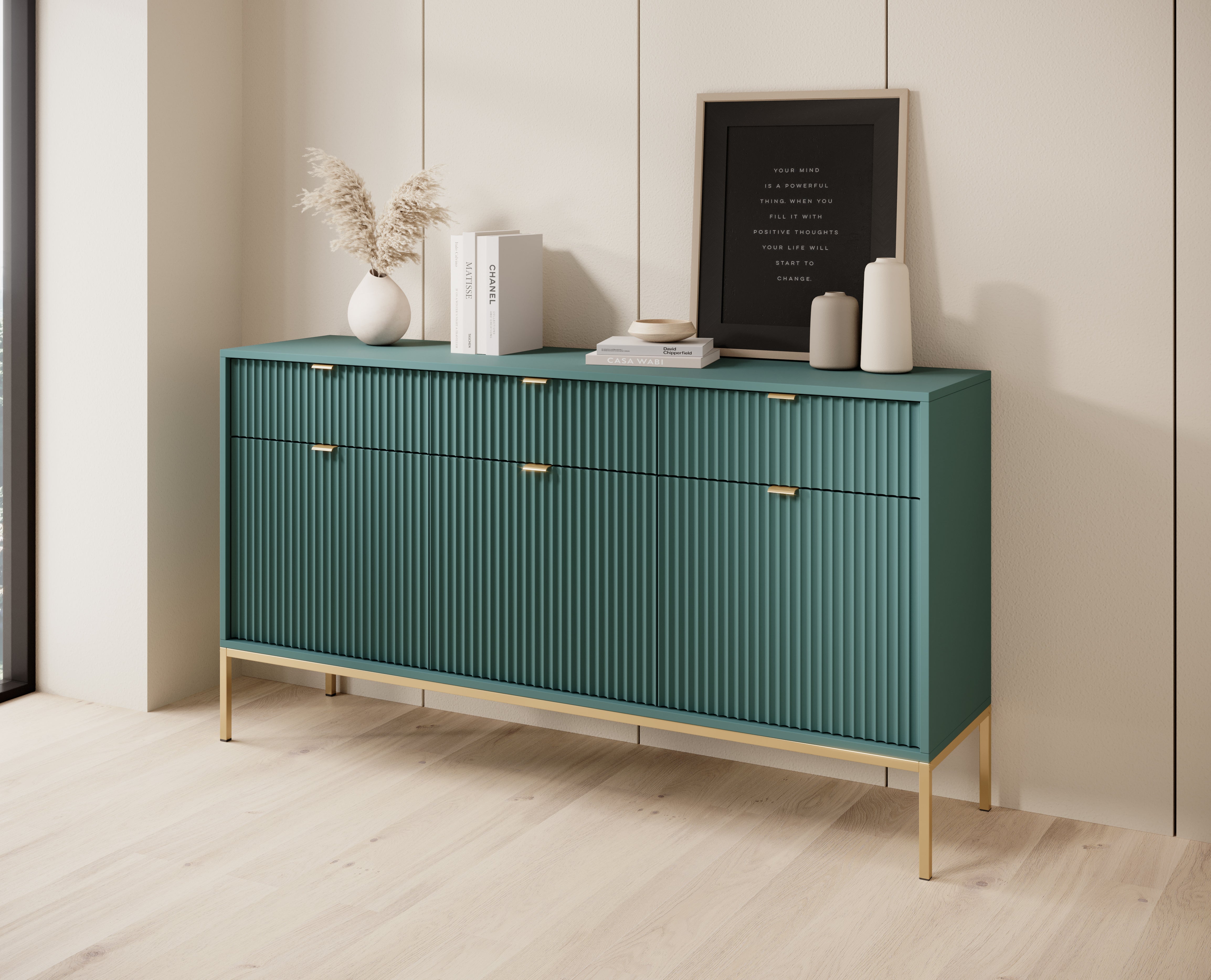 Buffet avec pieds en métal 3 portes et 3 tiroirs en bois laminé Miseno 154x83 cm