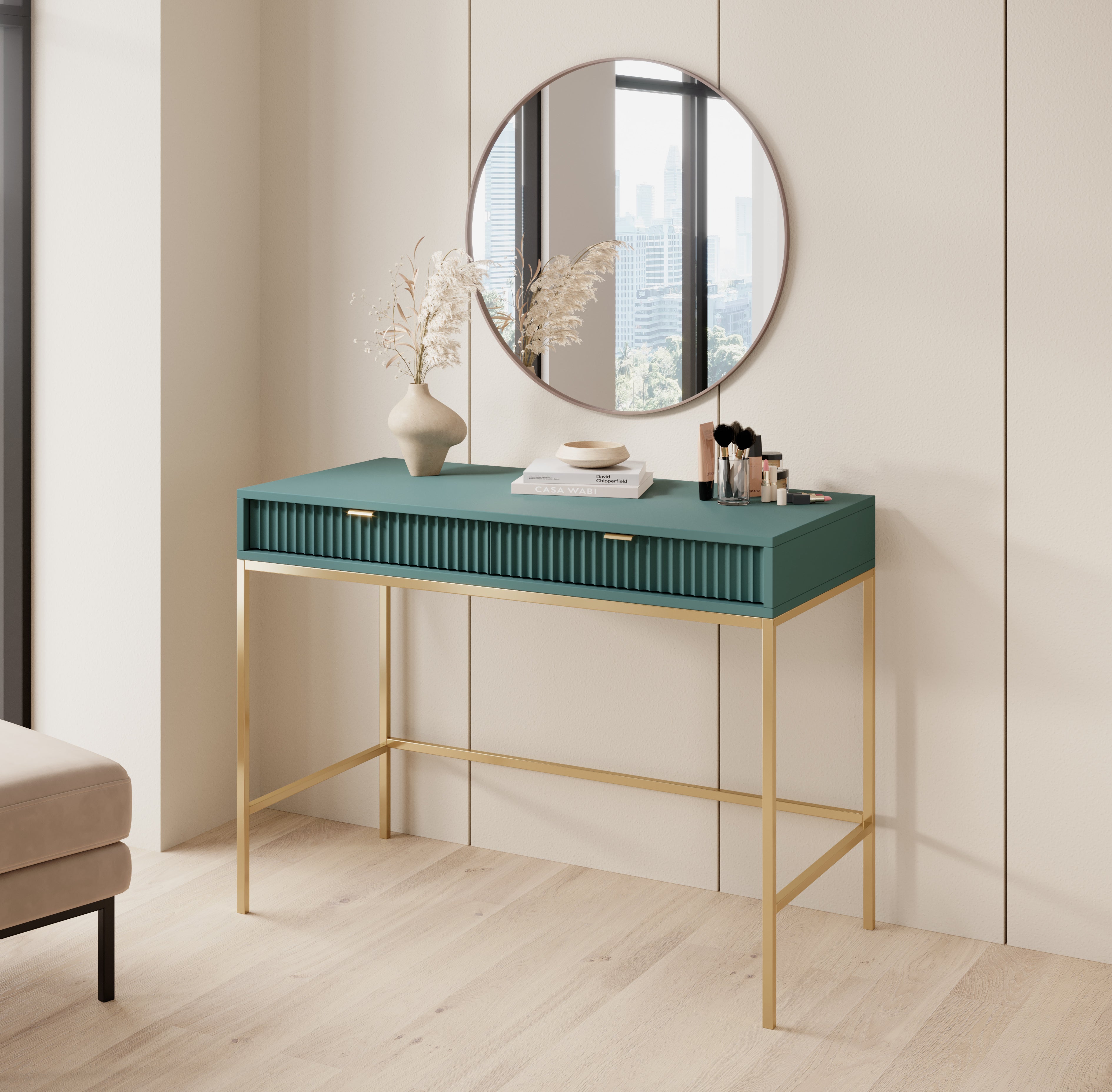 Console avec pieds en métal 2 tiroirs en bois laminé Miseno 104x78 cm