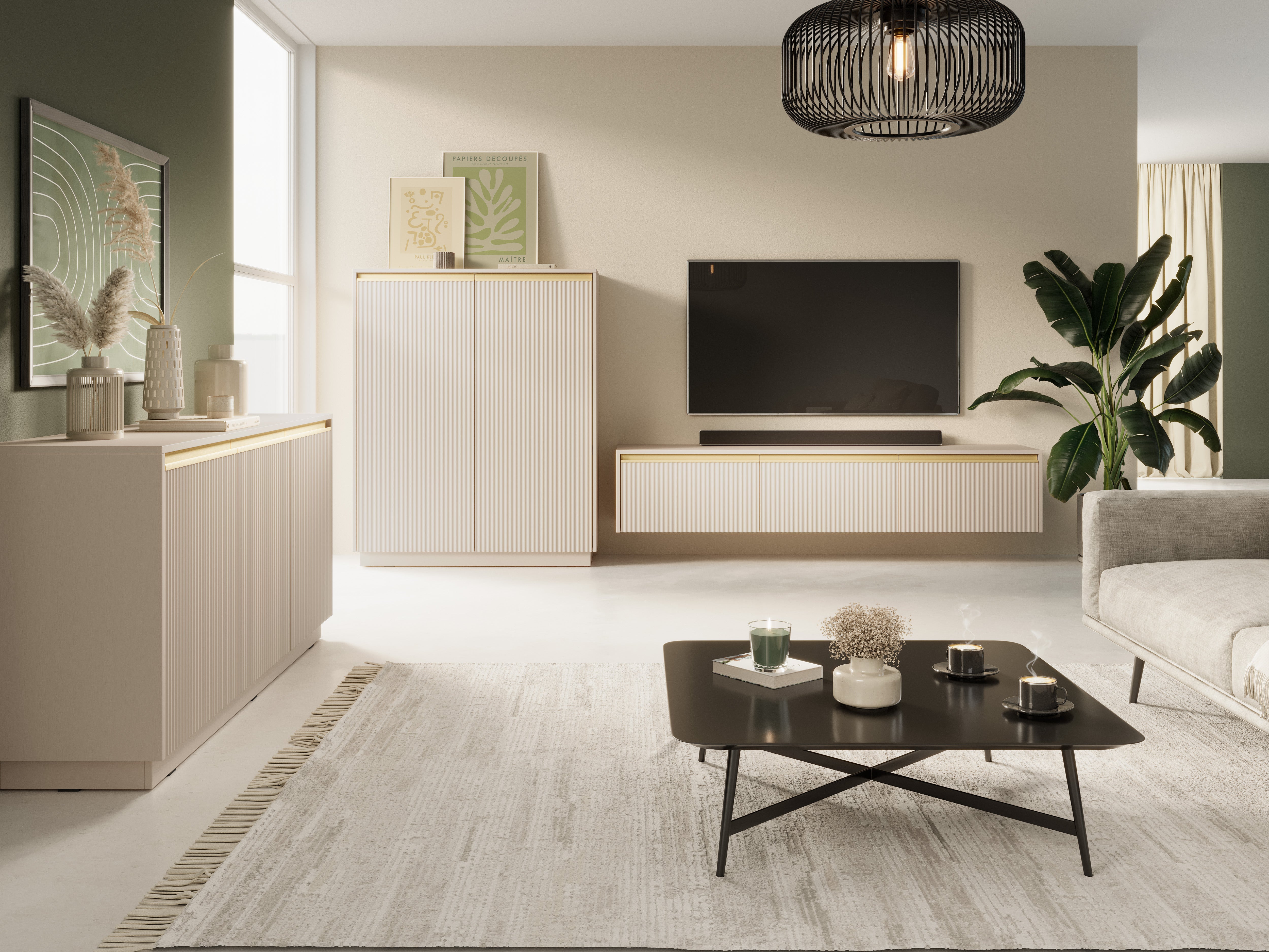 Buffet 3 portes en bois laminé doré 154x72 cm