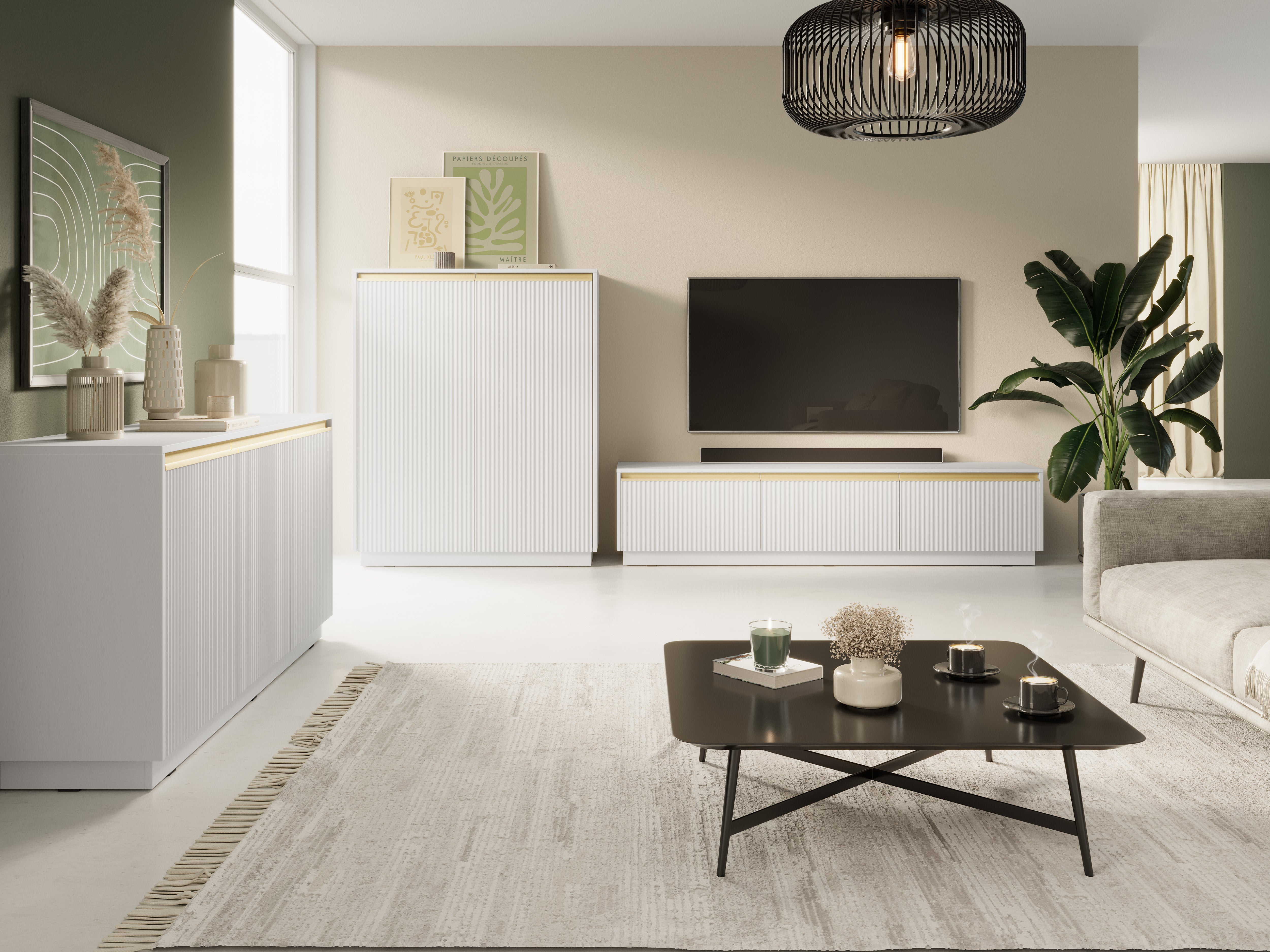 Buffet 3 portes en bois laminé doré 154x72 cm