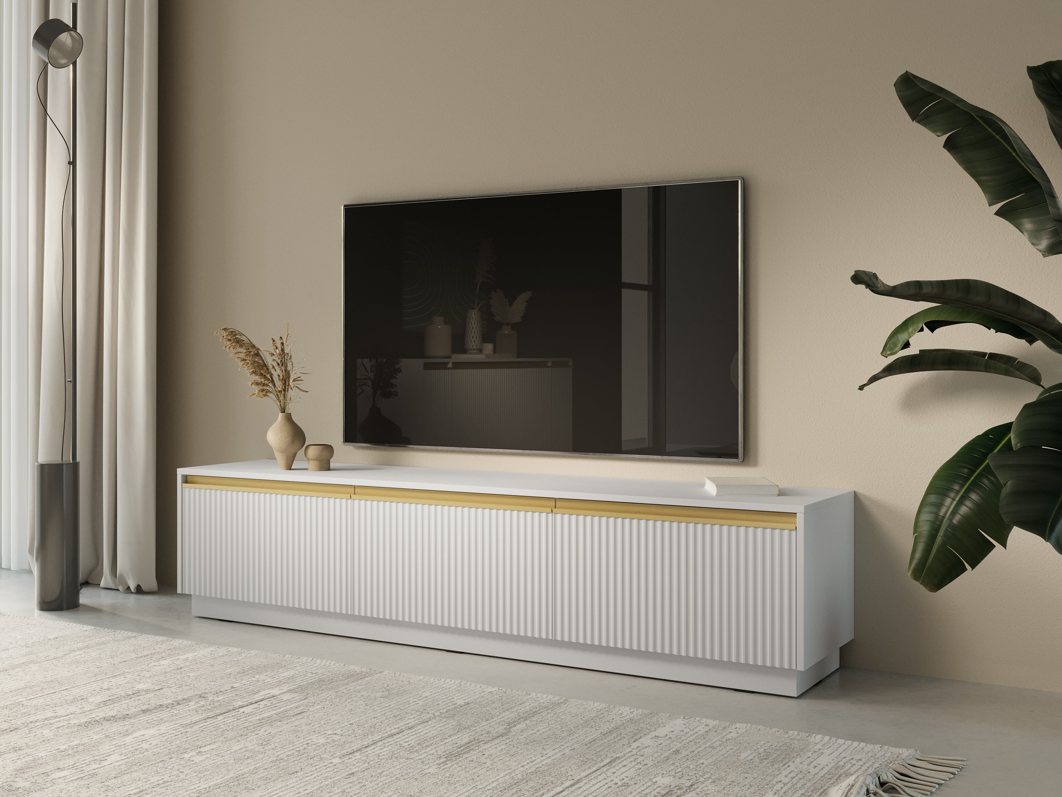 Meuble TV 3 portes en bois laminé doré 180x42 cm