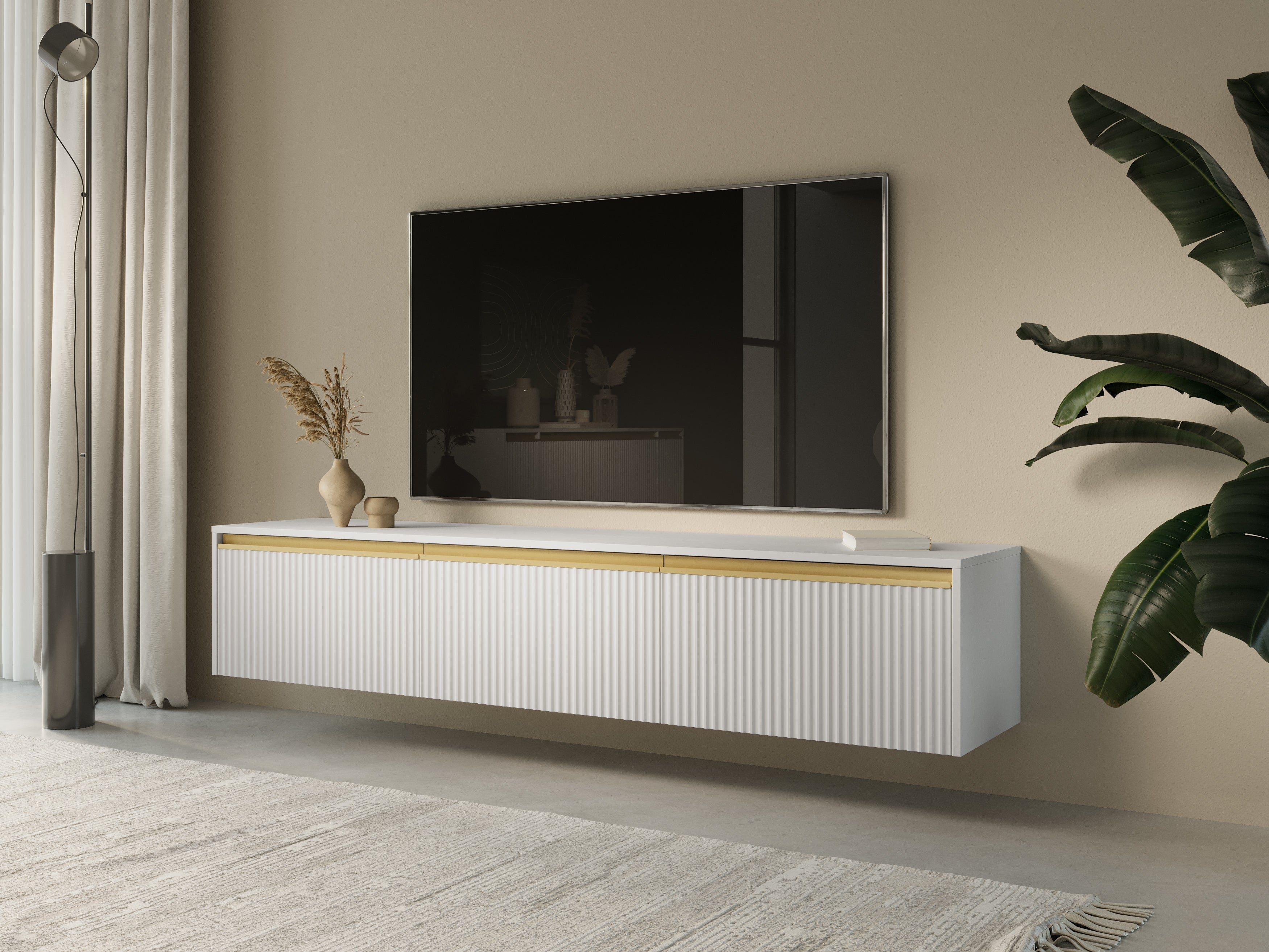 Meuble TV 3 portes en bois laminé doré 180x42 cm