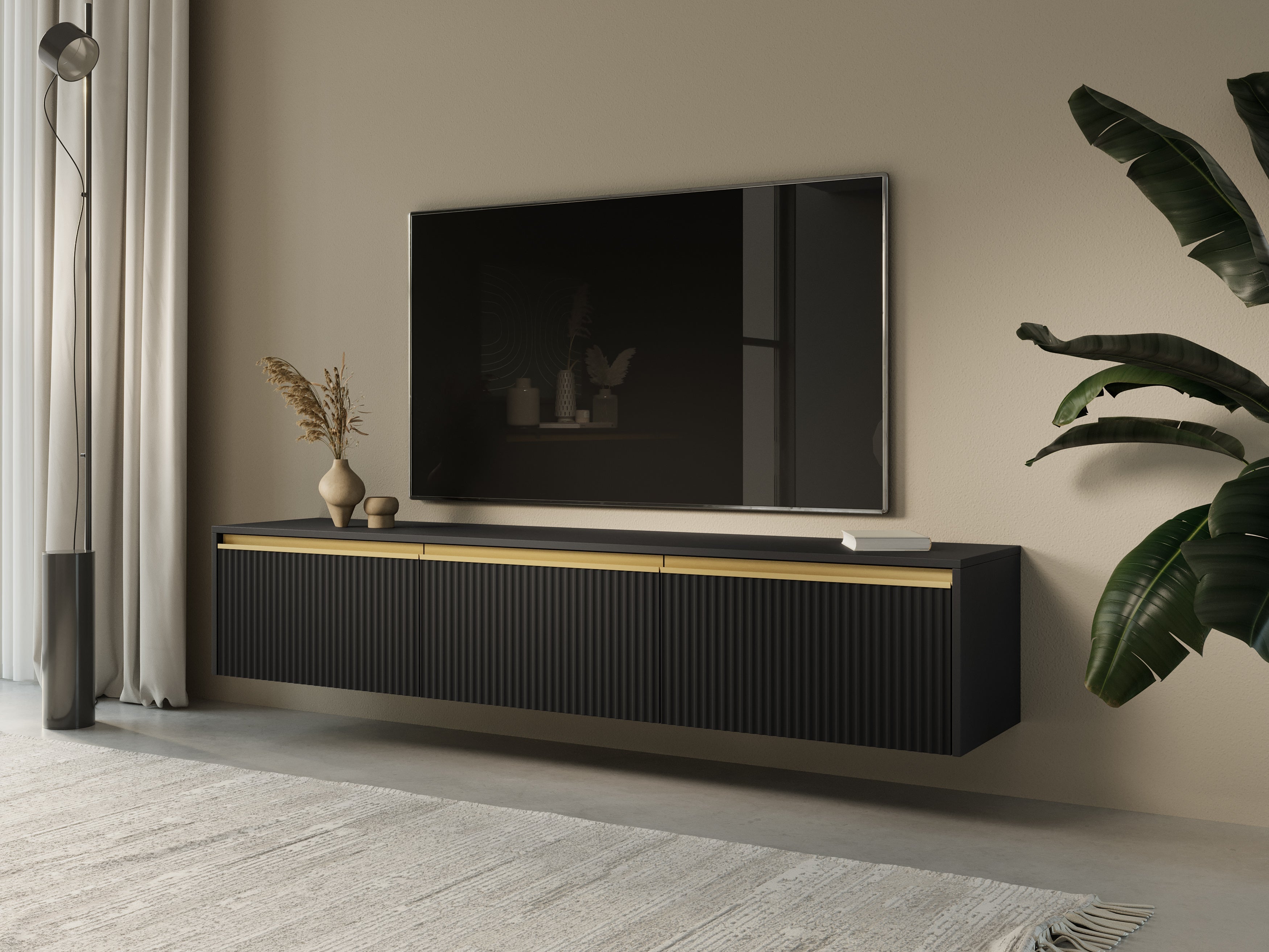 Meuble TV 3 portes en bois laminé doré 180x42 cm