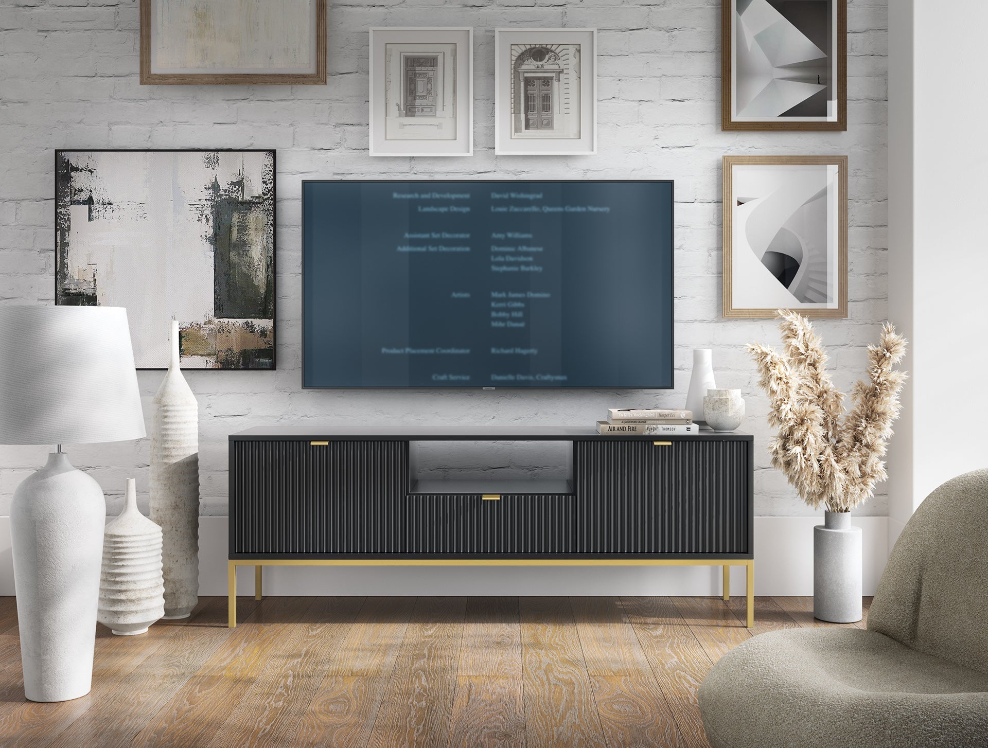 Meuble TV avec pieds en métal 2 portes et 1 tiroir en bois laminé Miseno 154x56 cm