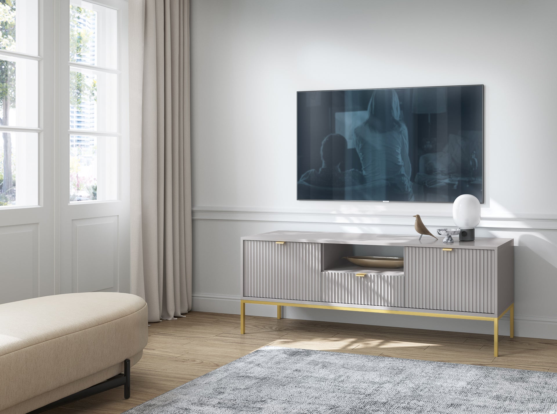 Meuble TV avec pieds en métal 2 portes et 1 tiroir en bois laminé Miseno 154x56 cm