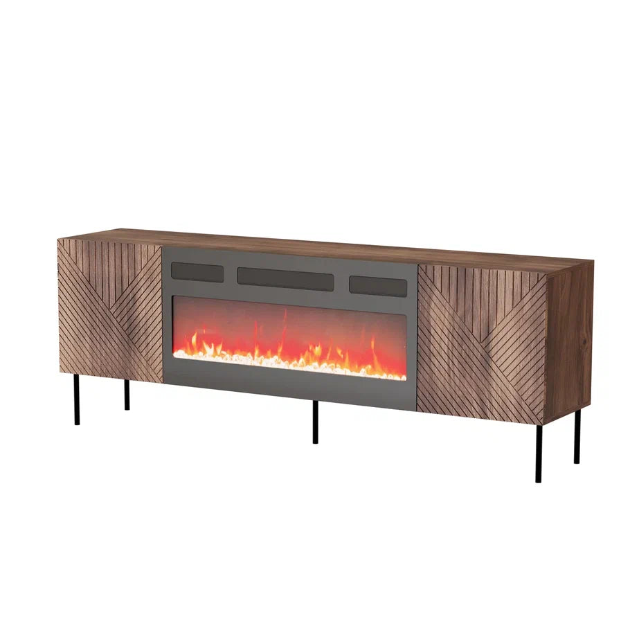 Meuble TV 2 portes noyer pied en métal et cheminée intégrée Deco 191x68 cm