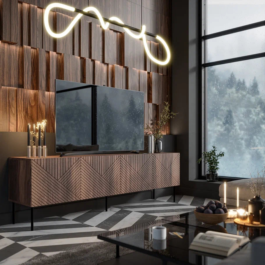 Meuble TV 4 portes noyer avec pied en métal Deco 191x58 cm
