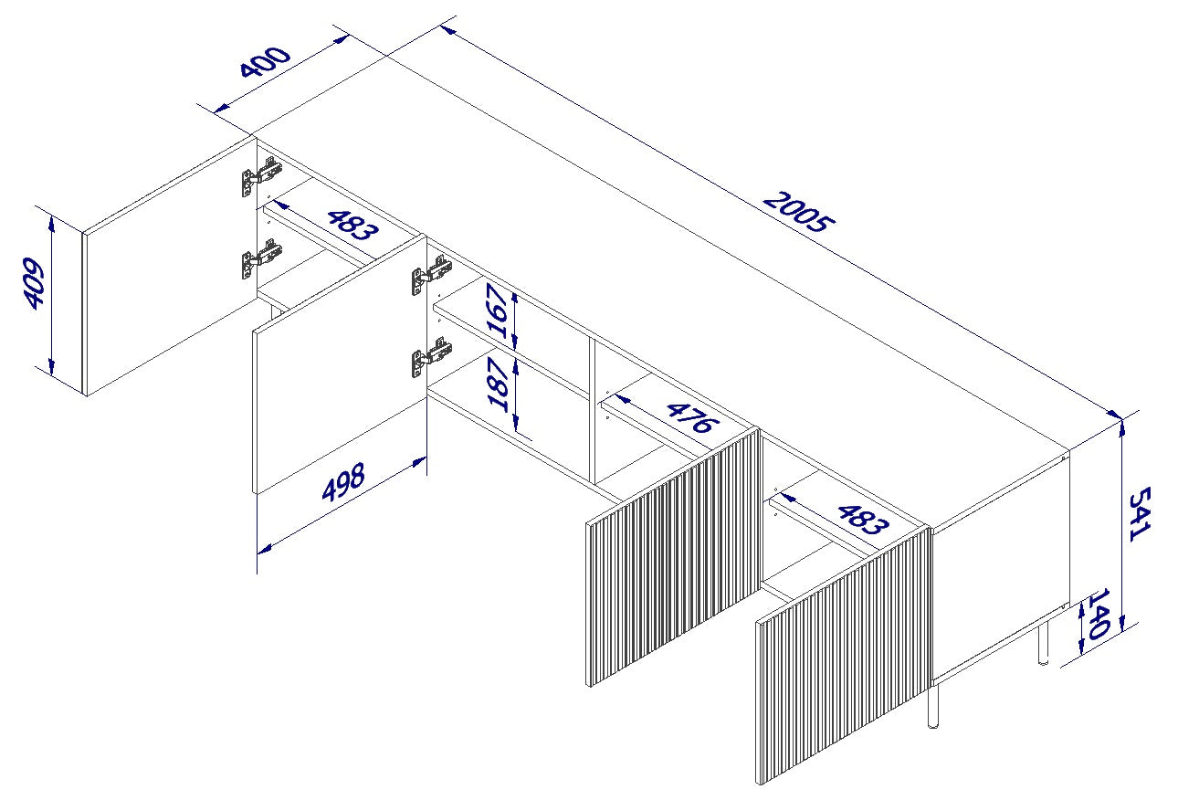 Meuble TV 4 portes avec pied en métal Bijou 200x52 cm